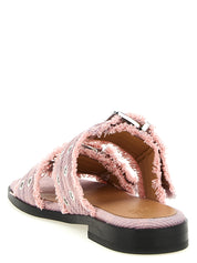 Ganni Pink Organic Cotton Fringed Denim Sandals