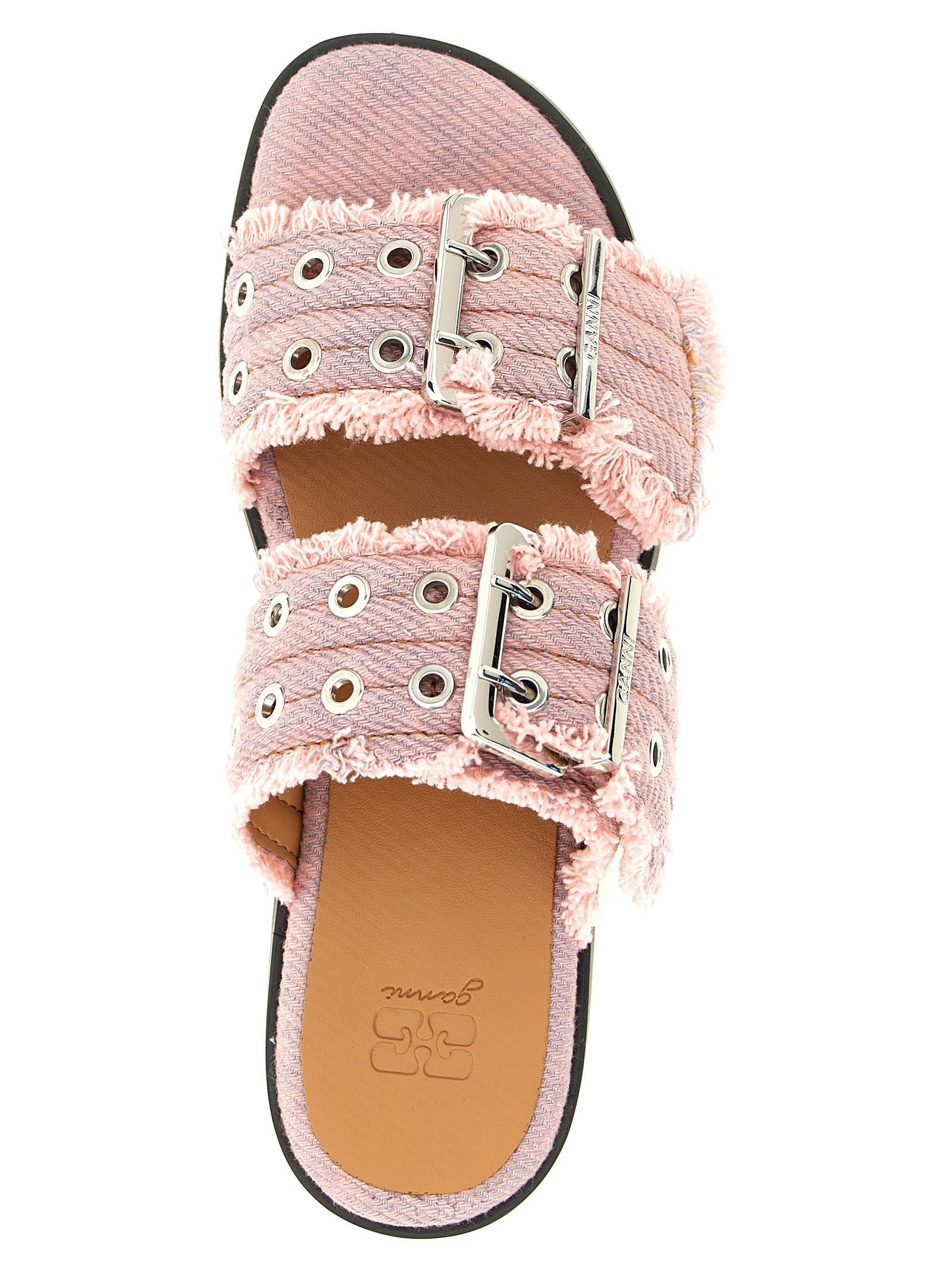 Ganni Pink Organic Cotton Fringed Denim Sandals