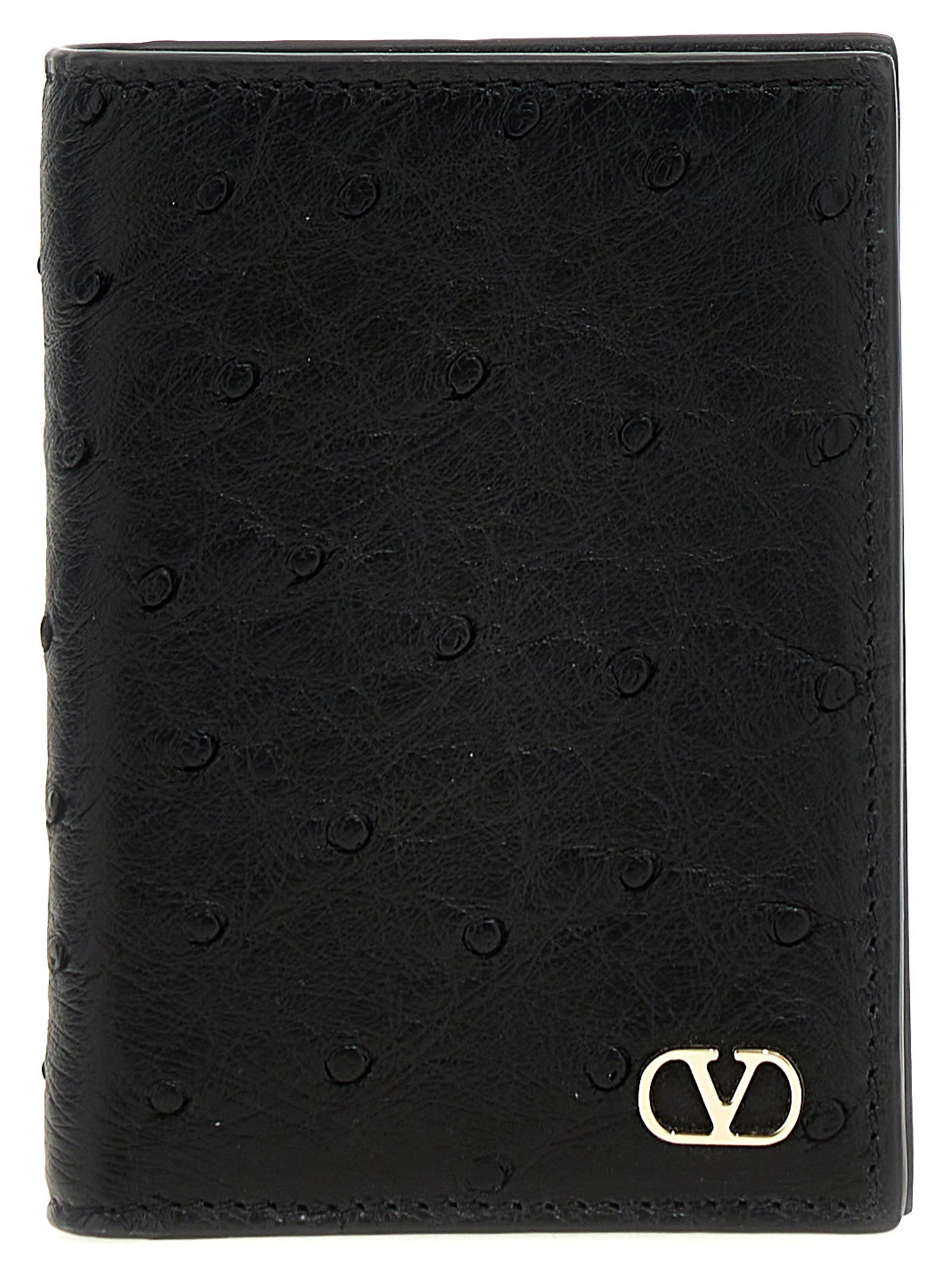 Valentino Garavani Black Ostrich Leather Cardholder