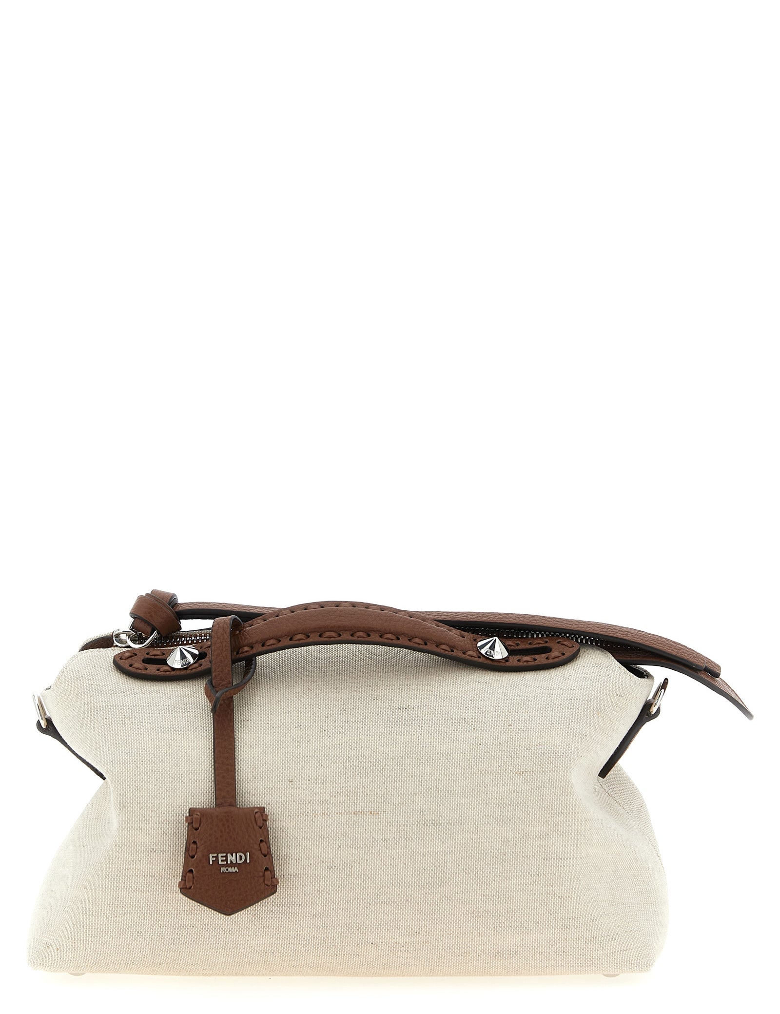 Fendi Beige Canvas Hammered Leather Handbag