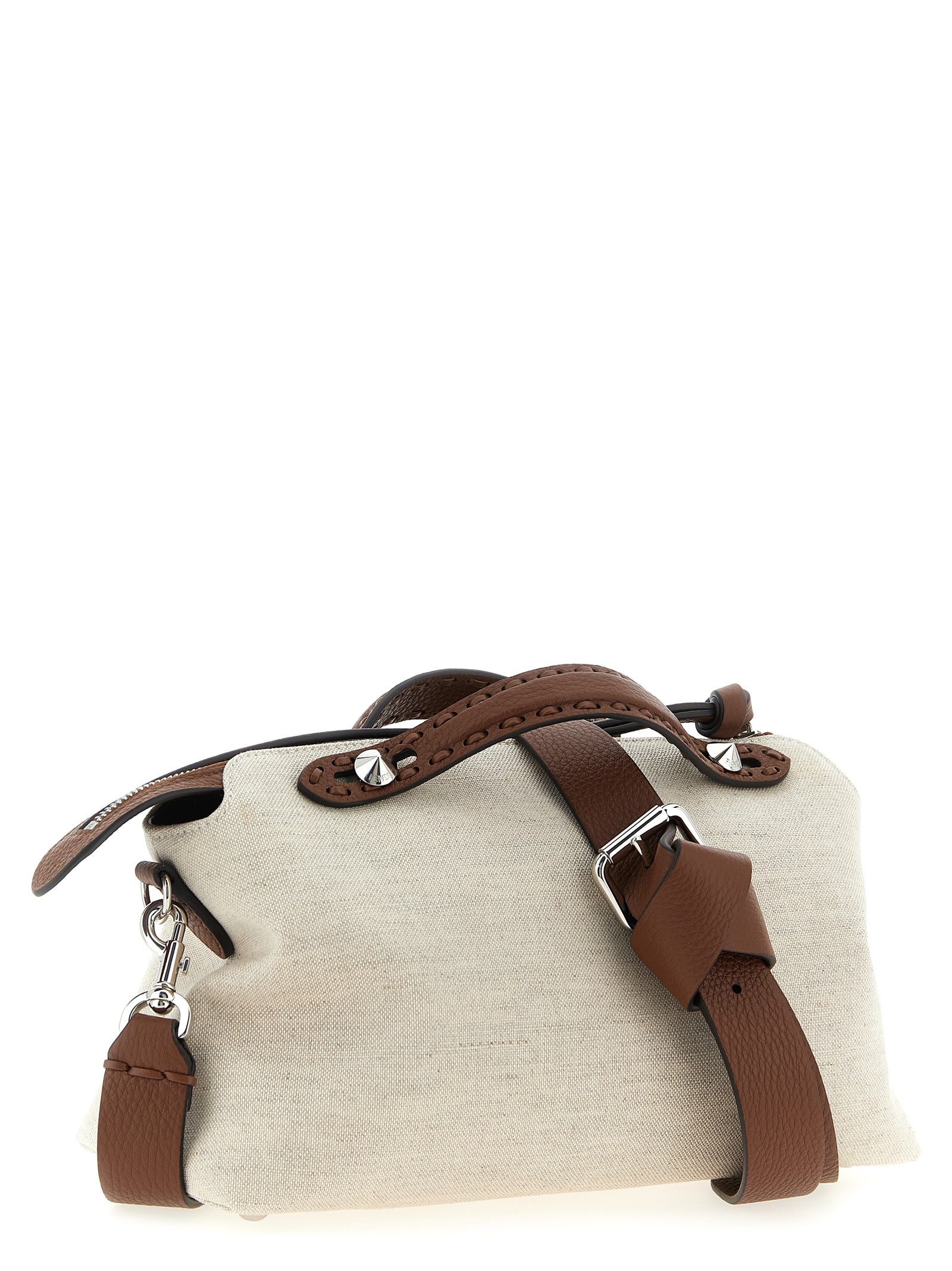 Fendi Beige Canvas Hammered Leather Handbag