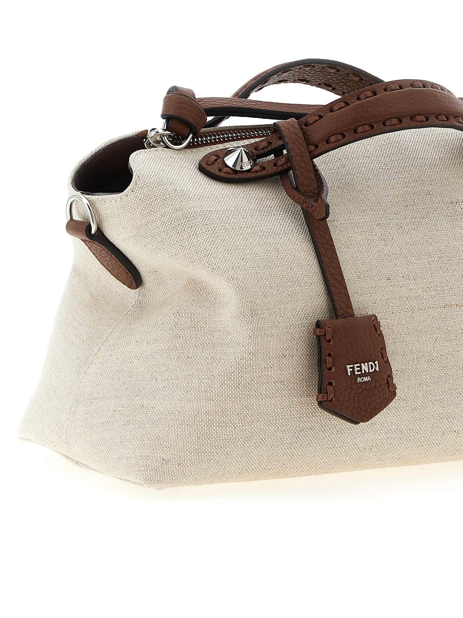 Fendi Beige Canvas Hammered Leather Handbag