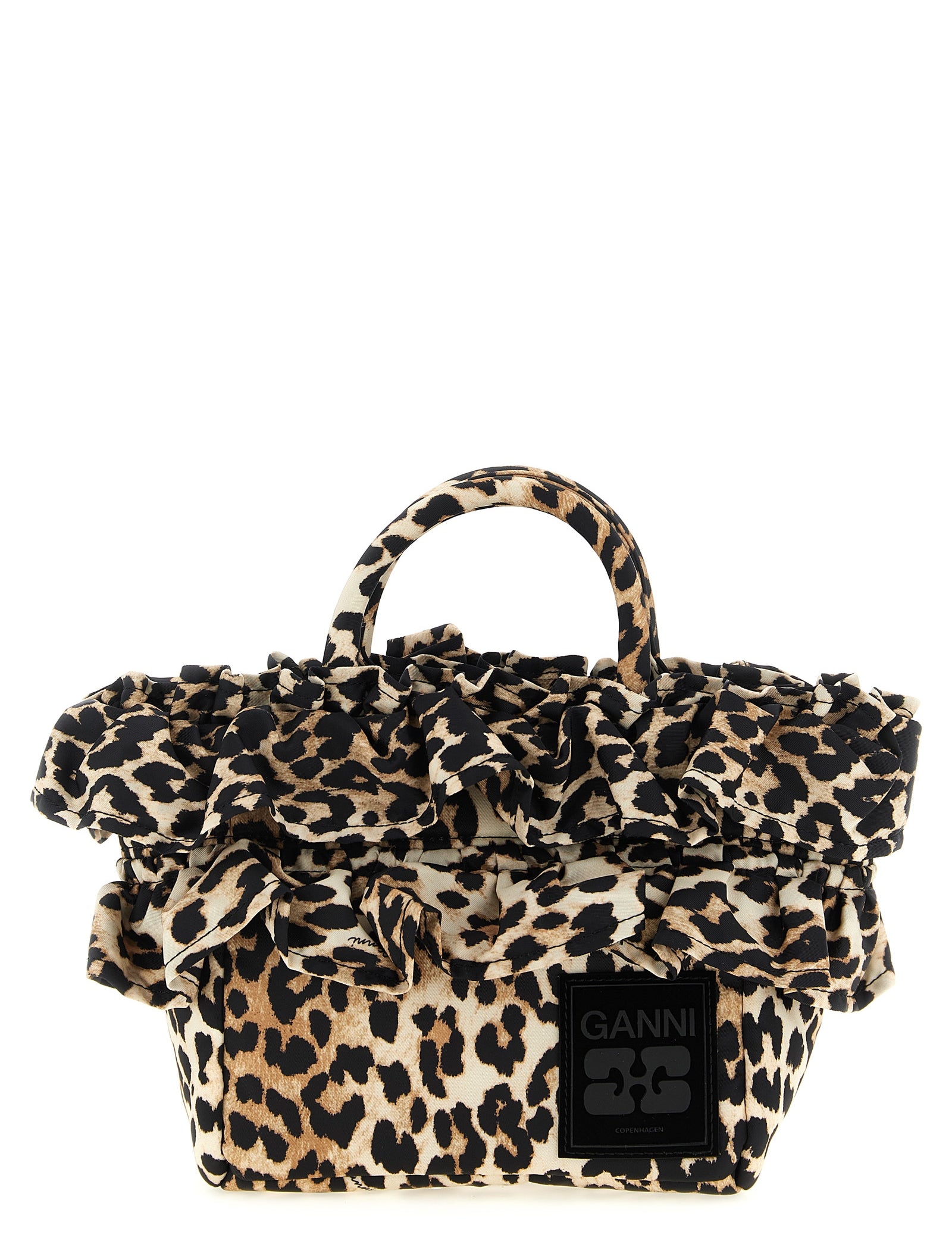Ganni Brown Polyamide Mini Shopper Ruffle Print Handbag