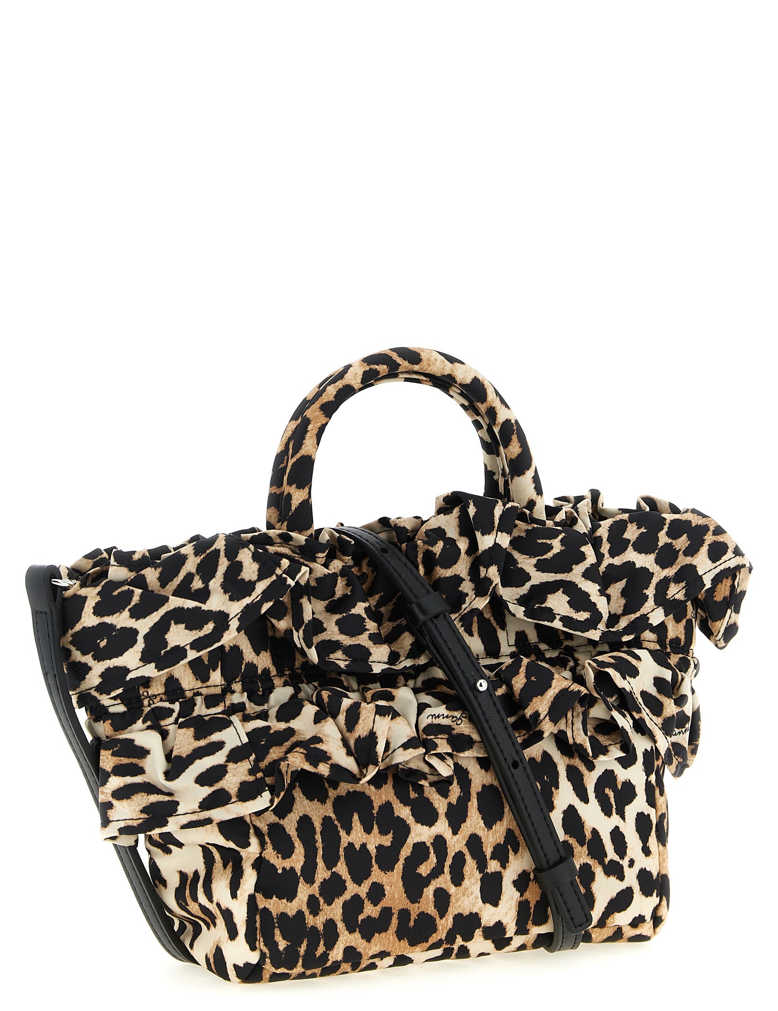 Ganni Brown Polyamide Mini Shopper Ruffle Print Handbag