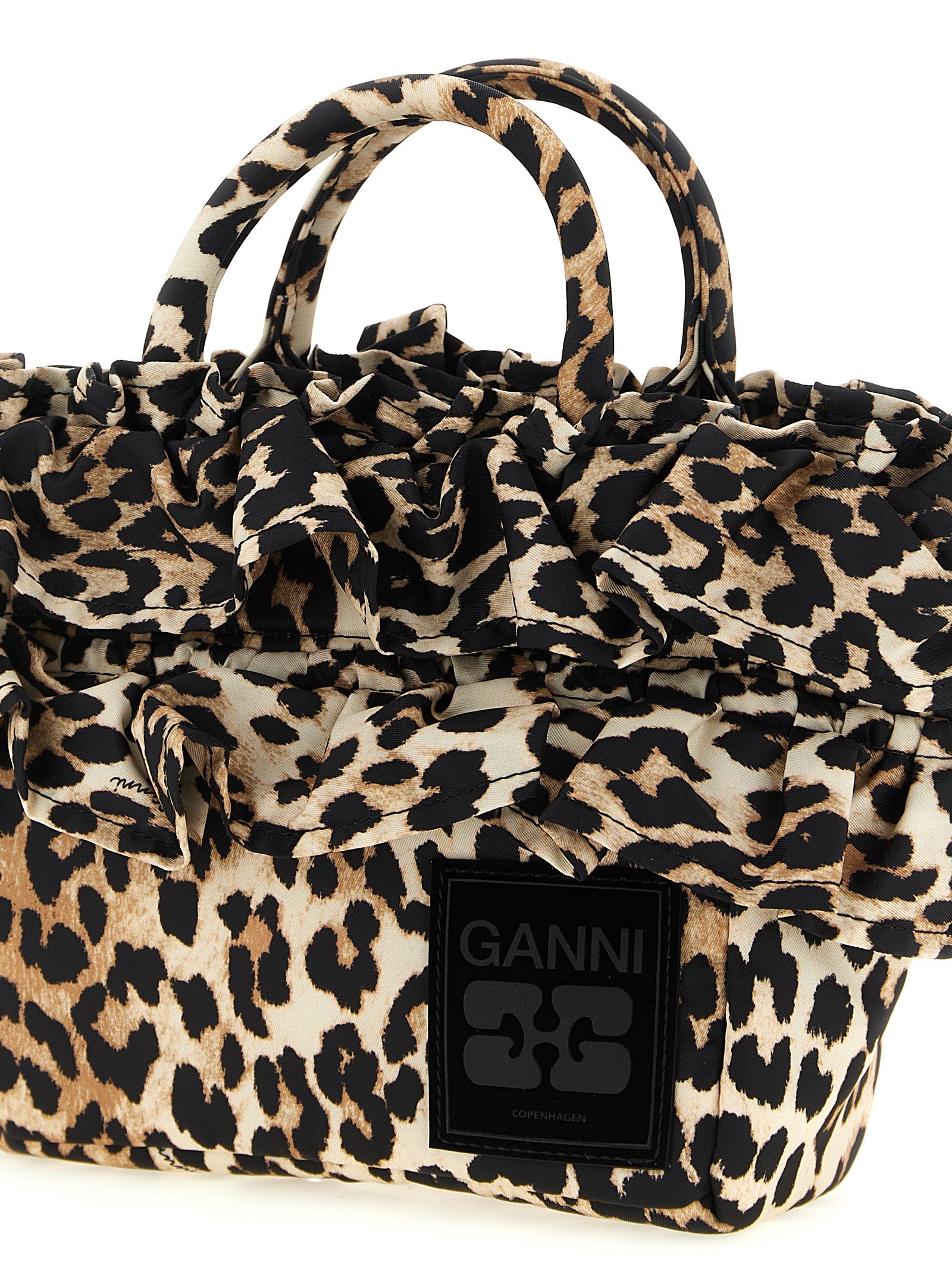 Ganni Brown Polyamide Mini Shopper Ruffle Print Handbag