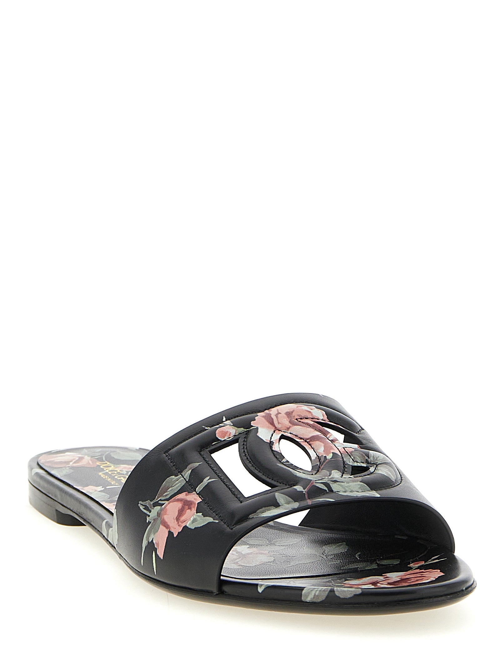 Dolce & Gabbana Black Rose-Print Calfskin Slides