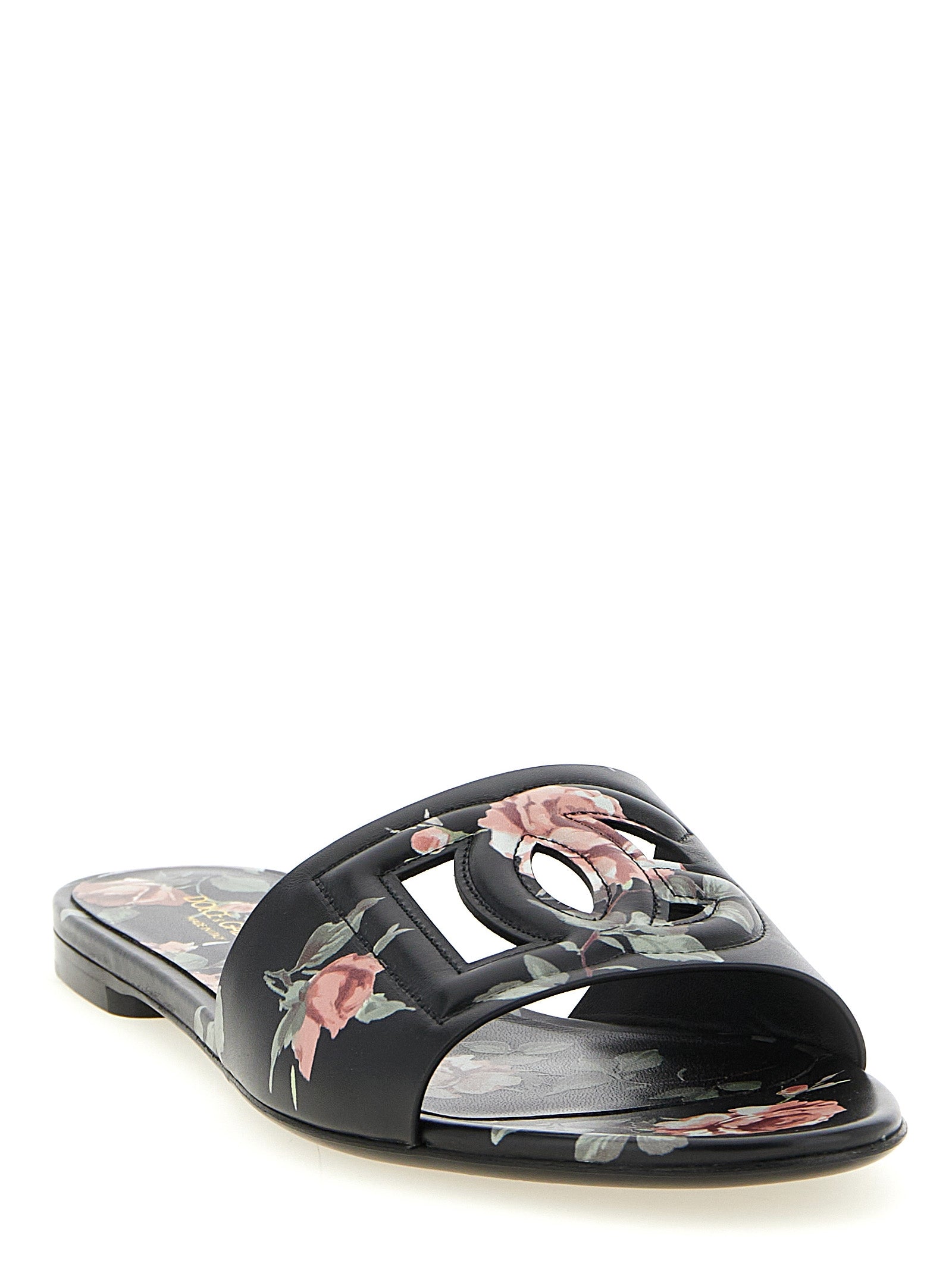 Dolce & Gabbana Black Rose-Print Calfskin Slides