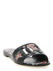 Dolce & Gabbana Black Rose-Print Calfskin Slides