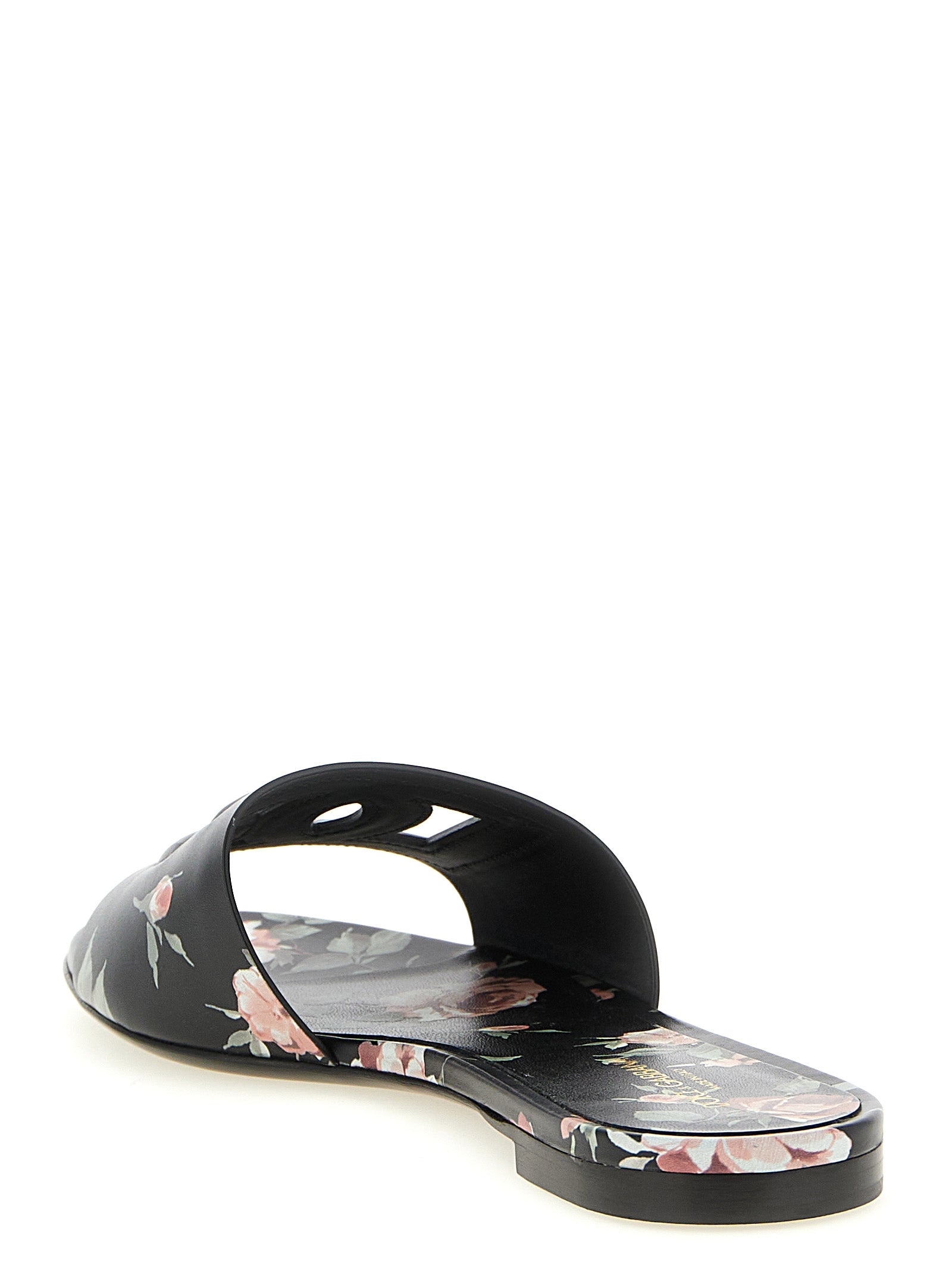 Dolce & Gabbana Black Rose-Print Calfskin Slides