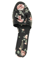 Dolce & Gabbana Black Rose-Print Calfskin Slides