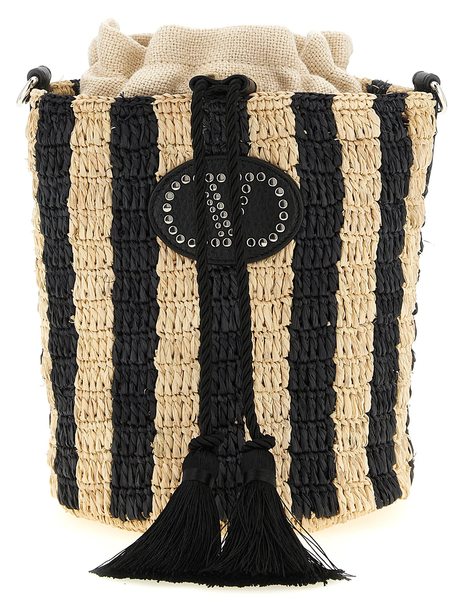 Valentino Garavani Black Straw Small Bucket Bag