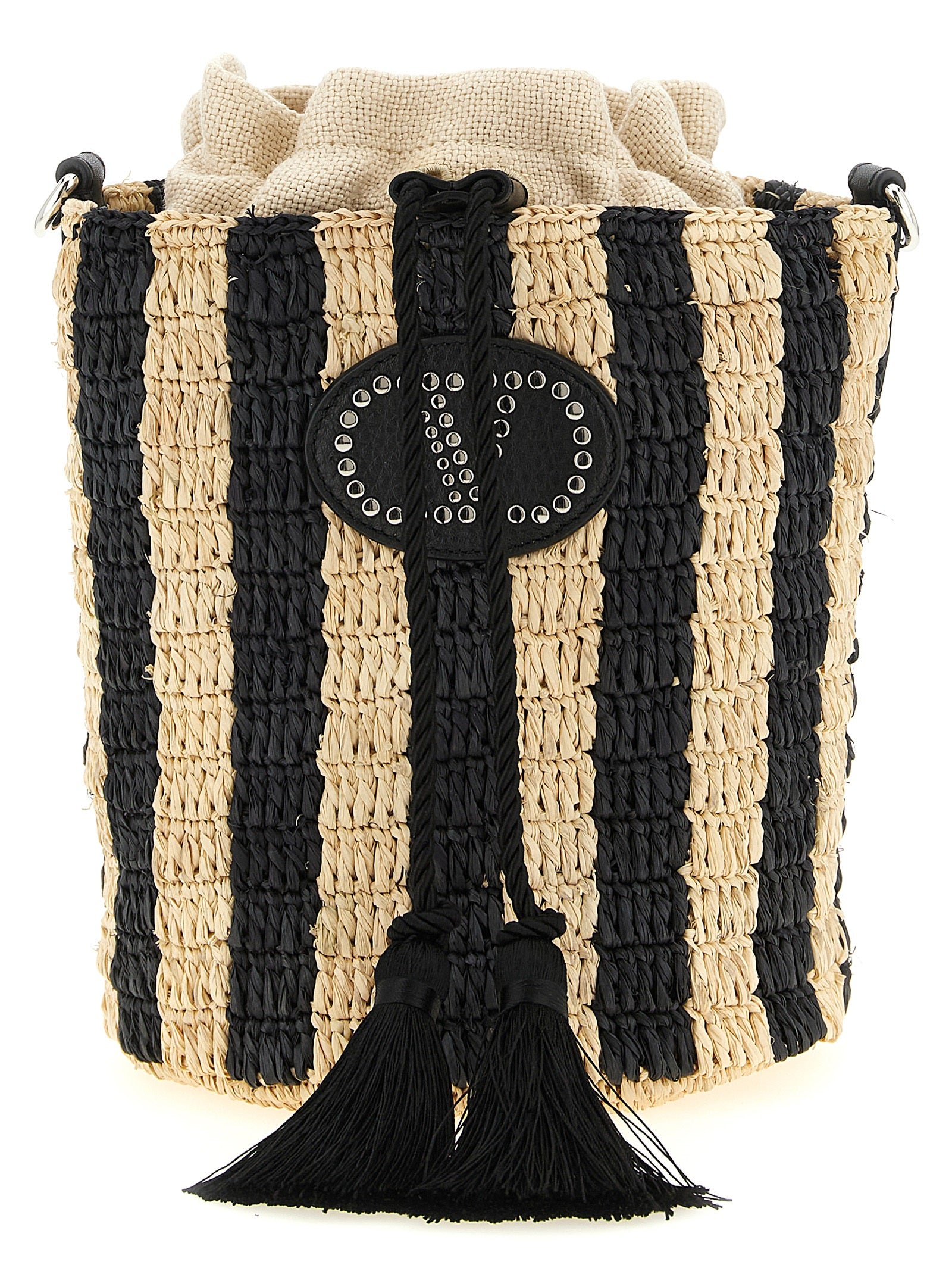 Valentino Garavani Black Straw Small Bucket Bag