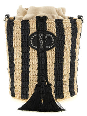 Valentino Garavani Black Straw Small Bucket Bag