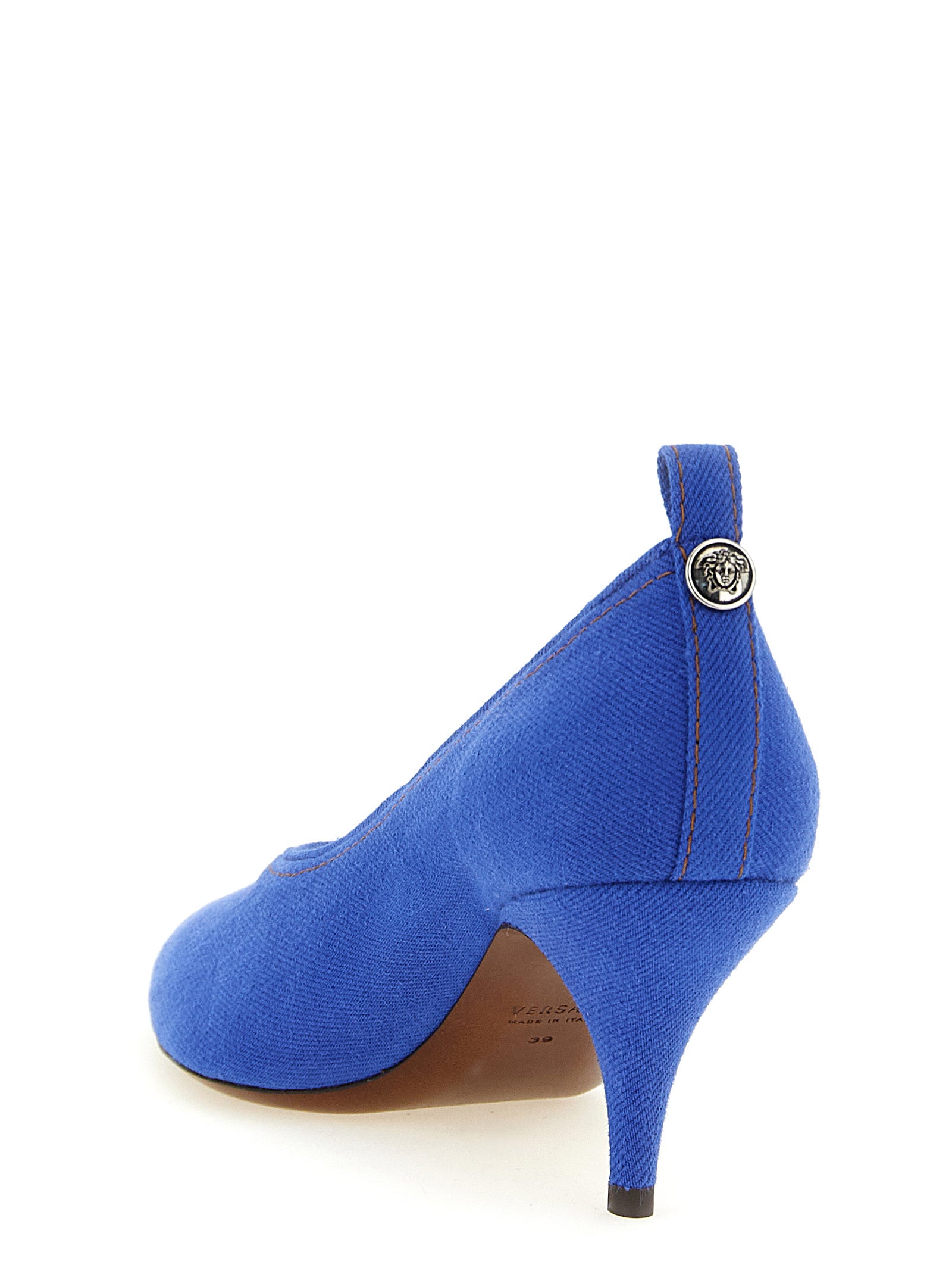 Versace Blue Cotton Denim Mid Heel Pumps