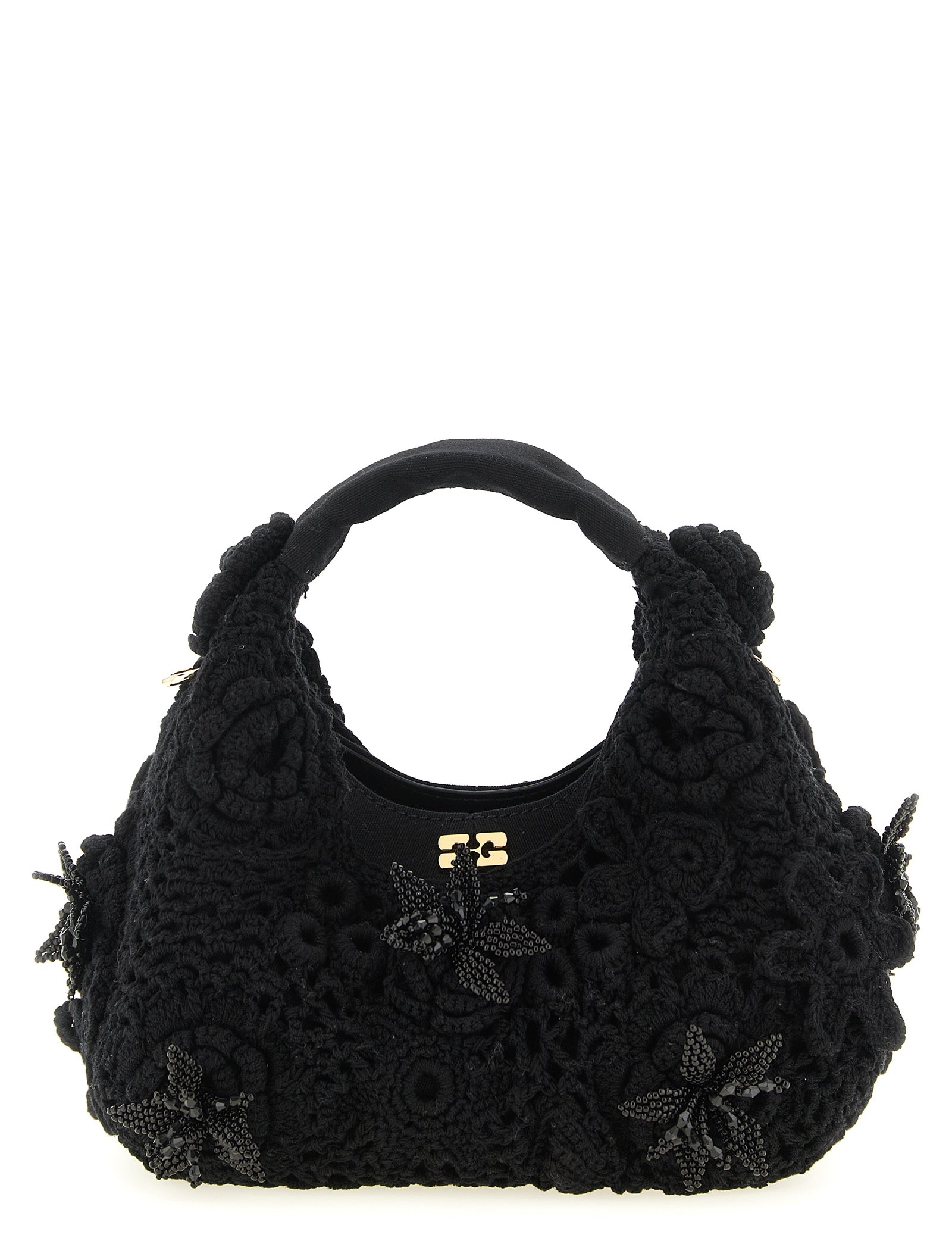 Ganni Black Organic Cotton Mini Hobo Crochet Handbag