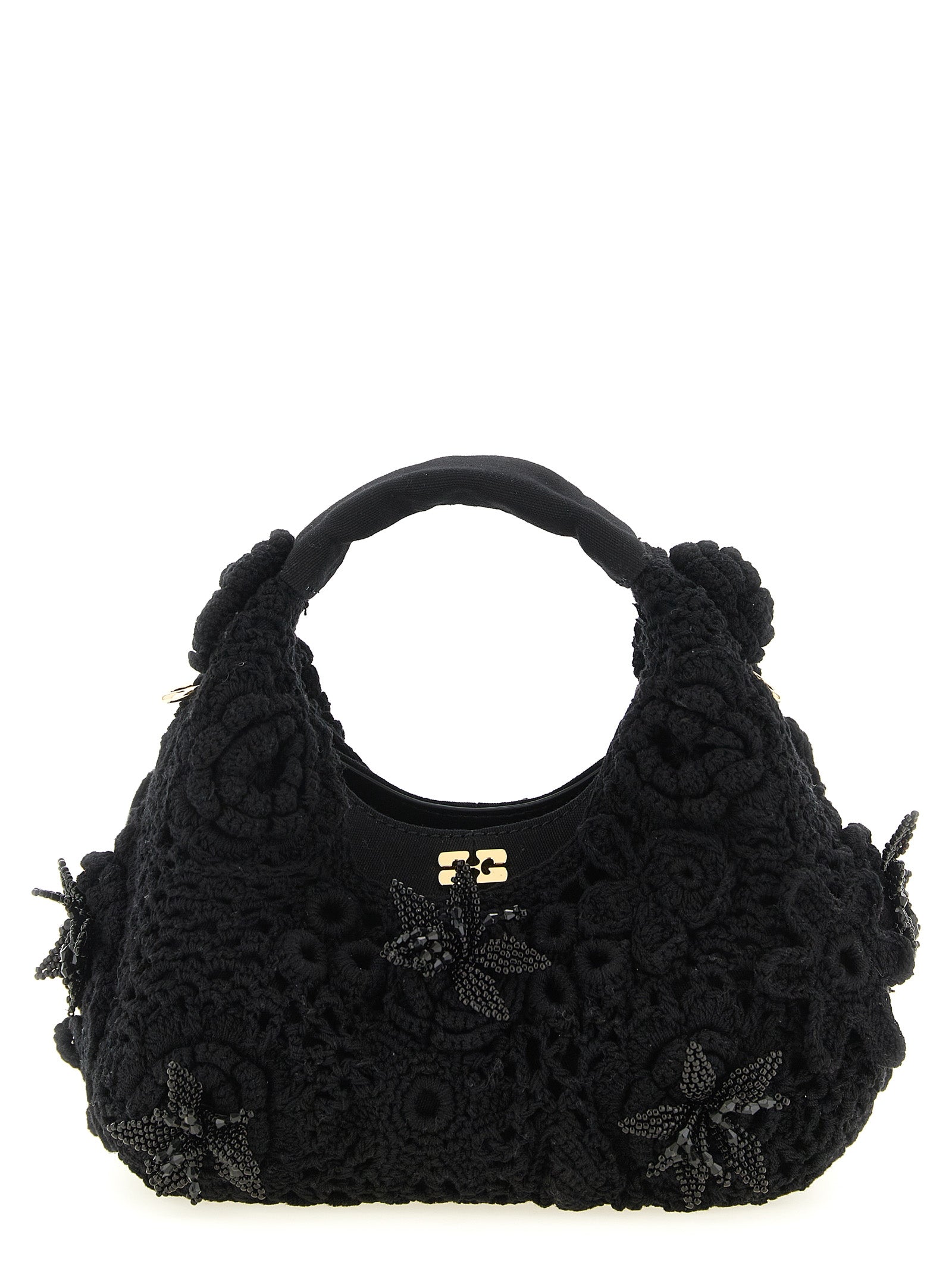 Ganni Black Organic Cotton Mini Hobo Crochet Handbag