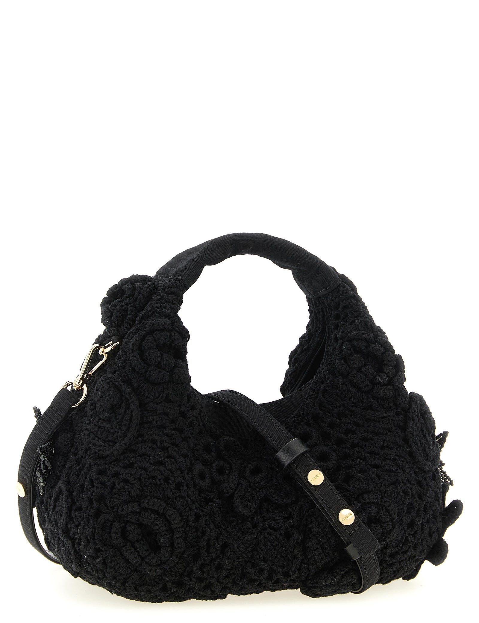 Ganni Black Organic Cotton Mini Hobo Crochet Handbag