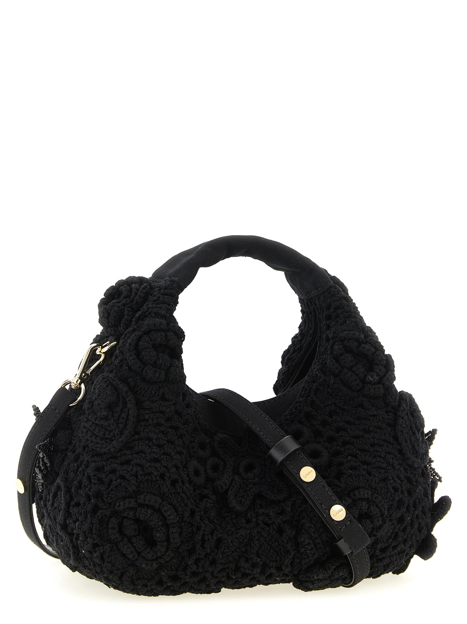 Ganni Black Organic Cotton Mini Hobo Crochet Handbag