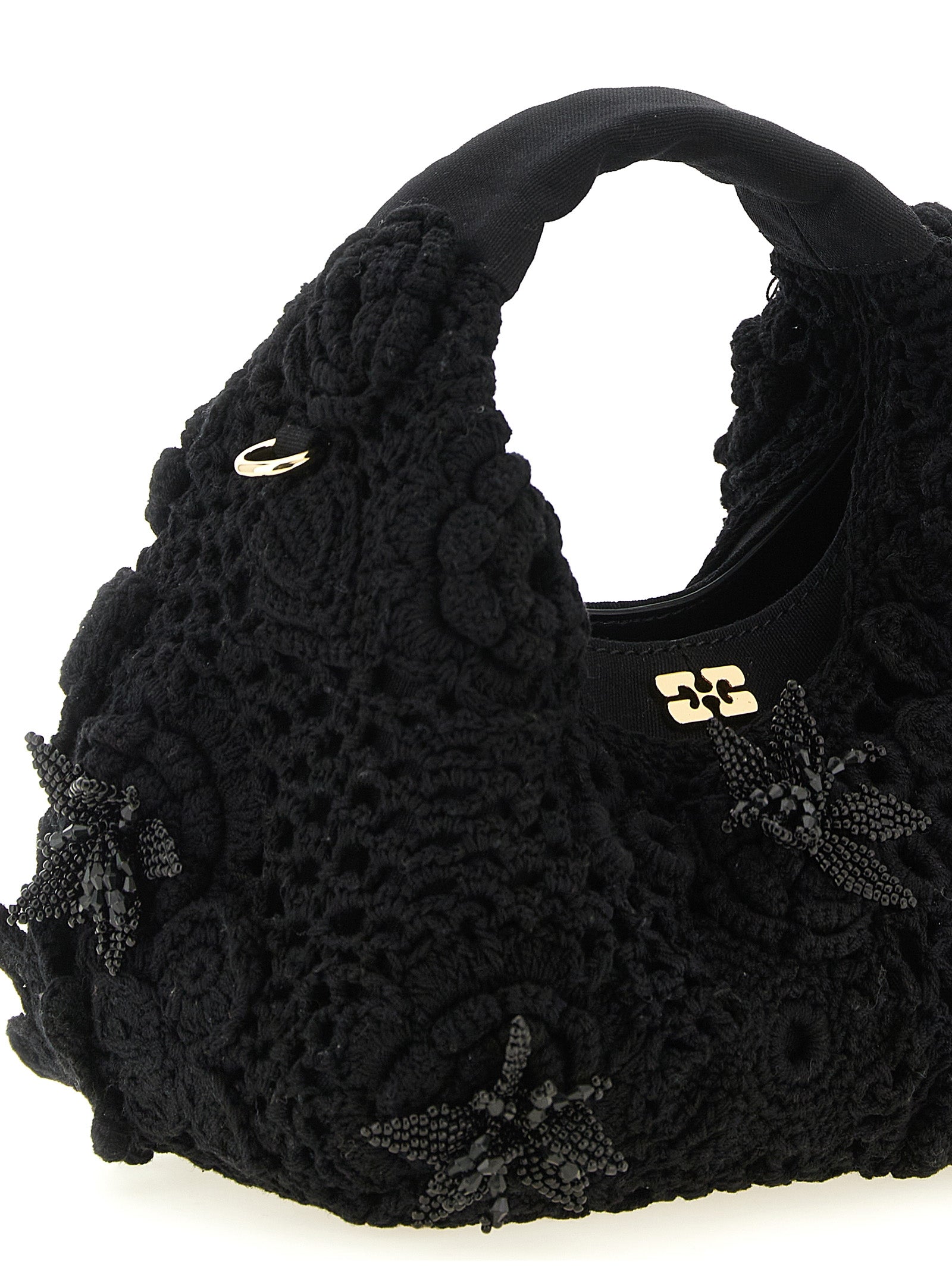 Ganni Black Organic Cotton Mini Hobo Crochet Handbag