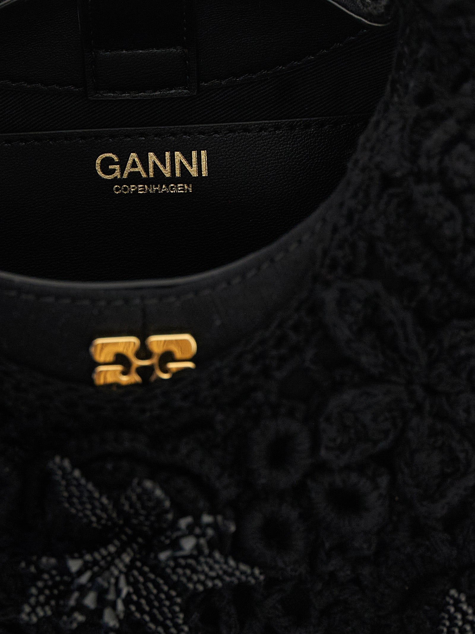 Ganni Black Organic Cotton Mini Hobo Crochet Handbag
