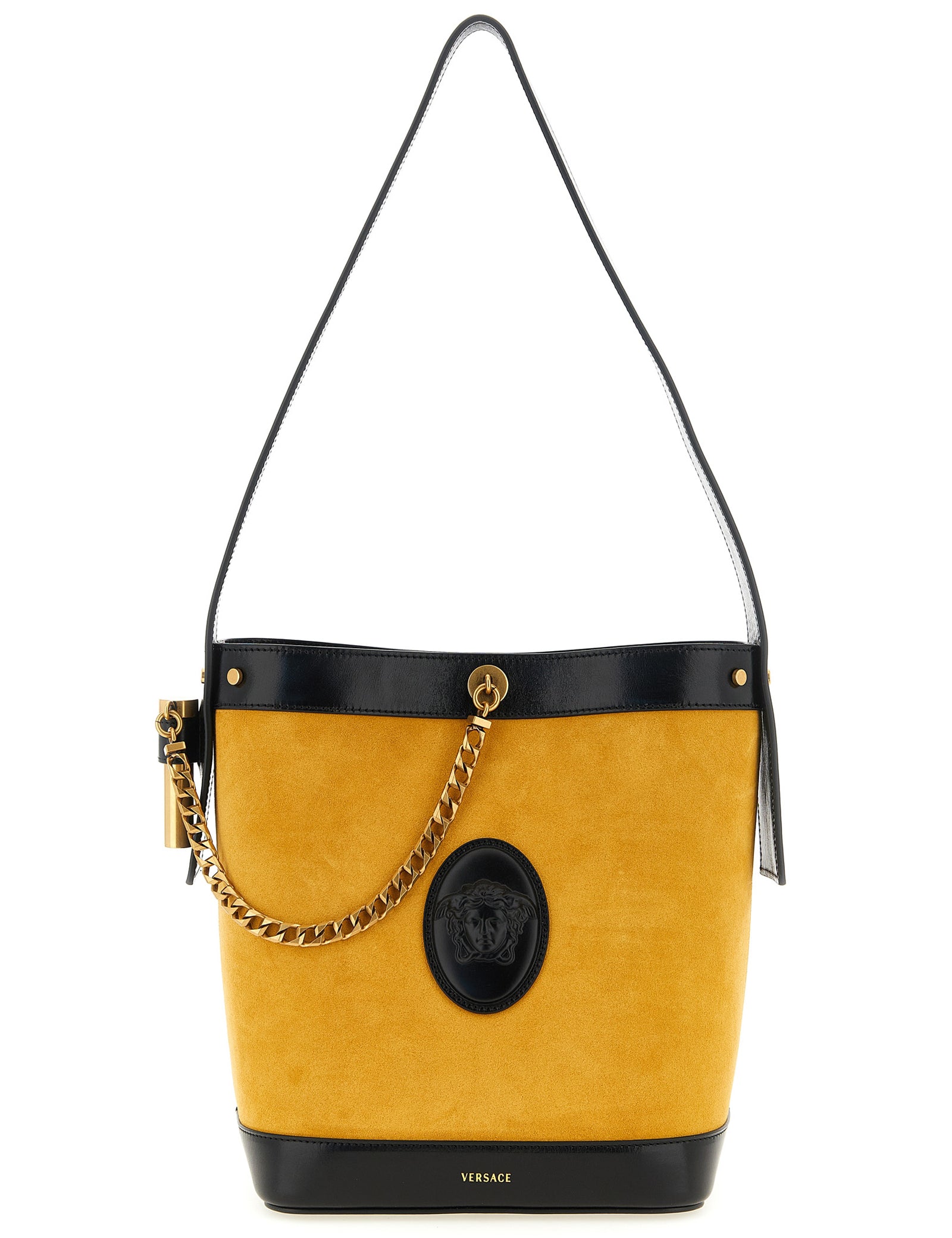 Versace Yellow Calfskin Small ‘Pivot’ Bucket Bag