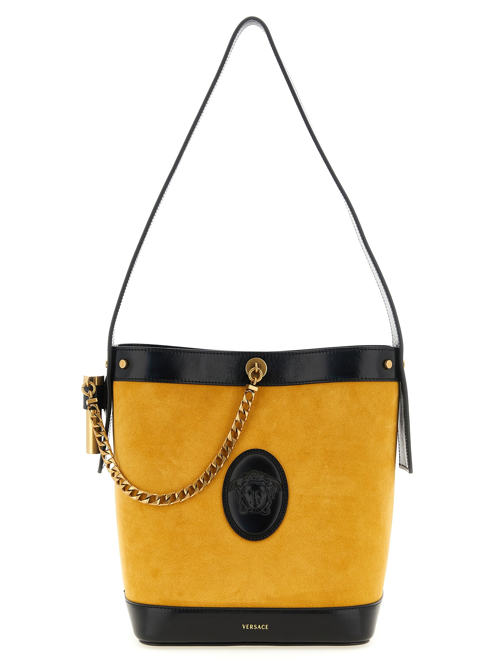 Versace Yellow Calfskin Small ‘Pivot’ Bucket Bag