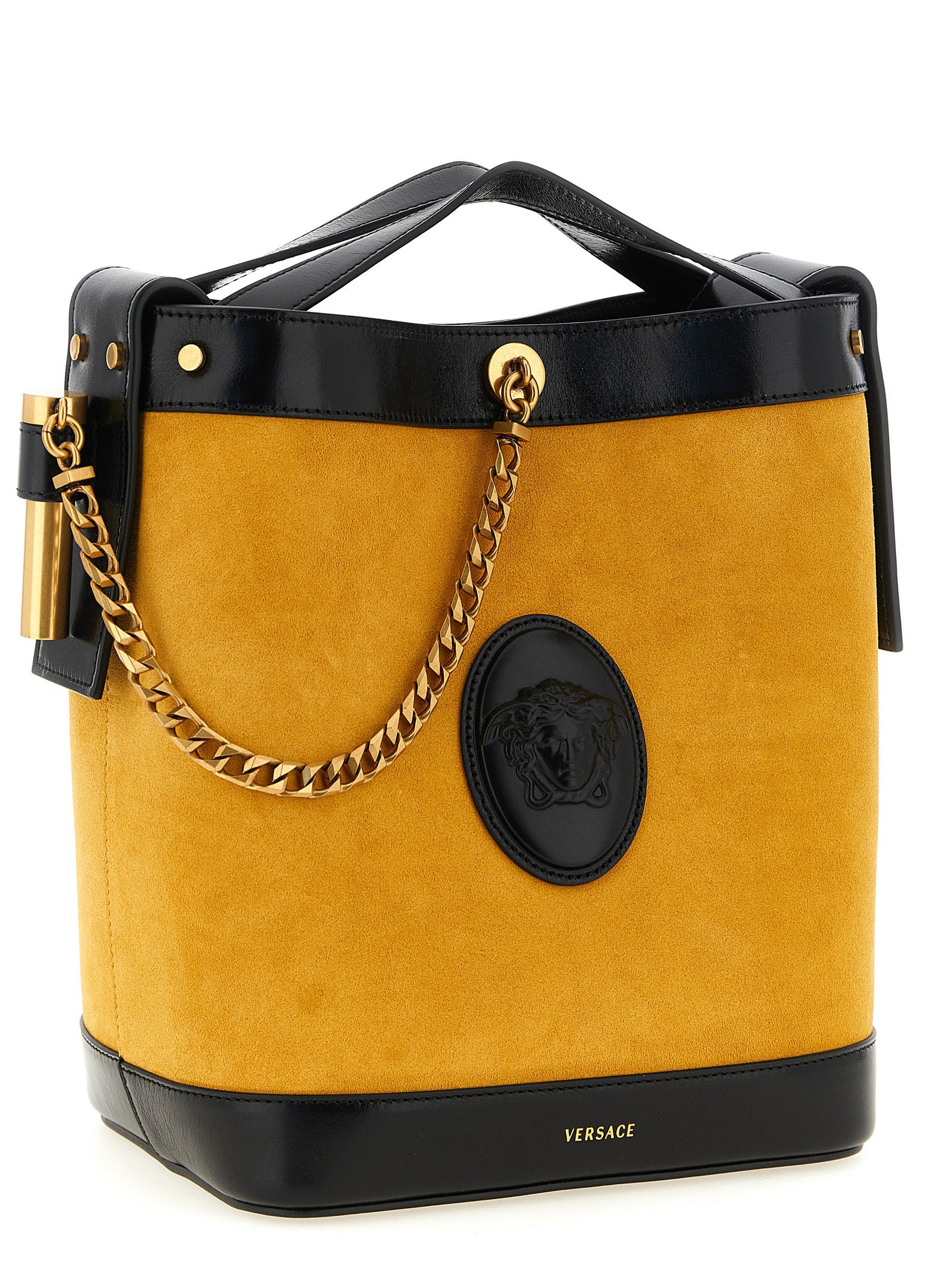 Versace Yellow Calfskin Small ‘Pivot’ Bucket Bag