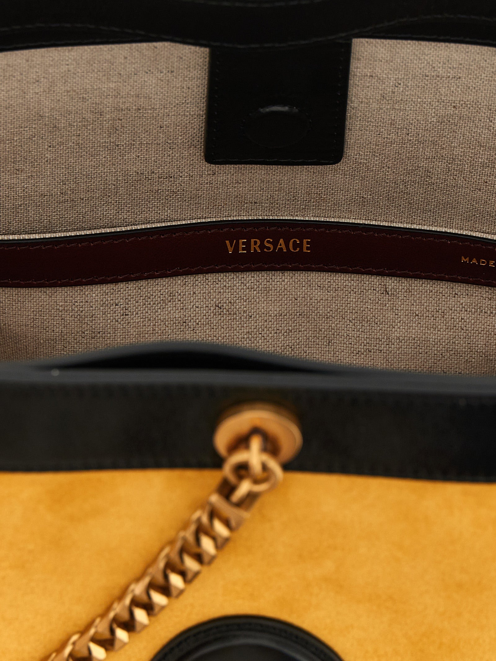 Versace Yellow Calfskin Small ‘Pivot’ Bucket Bag