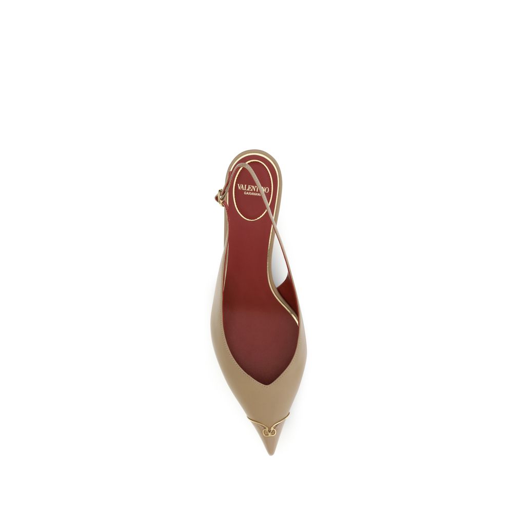 Valentino Garavani Beige Calf Leather Kitten-Heel Slingback Pumps
