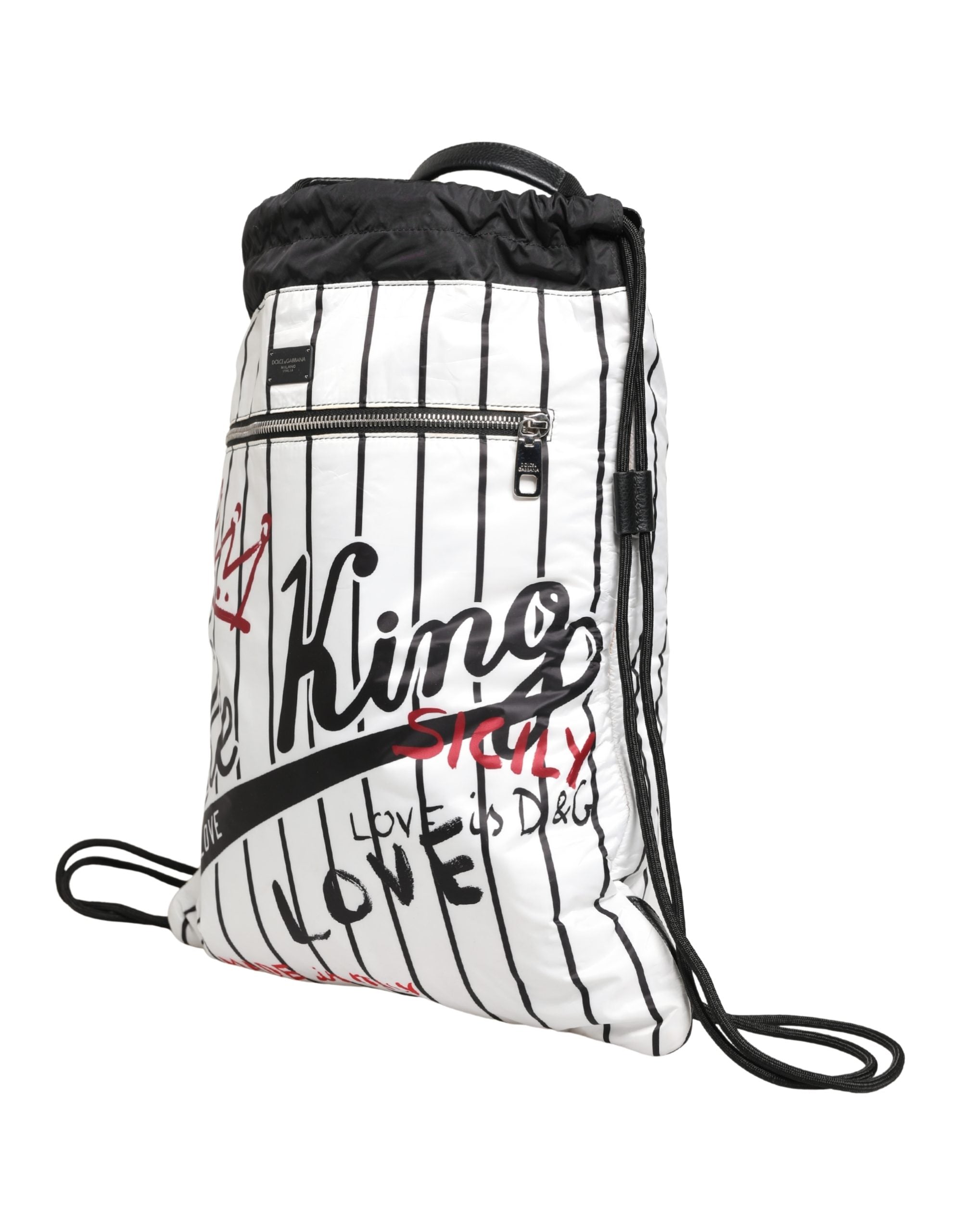 Dolce & Gabbana Black White Polyester Drawstring Backpack