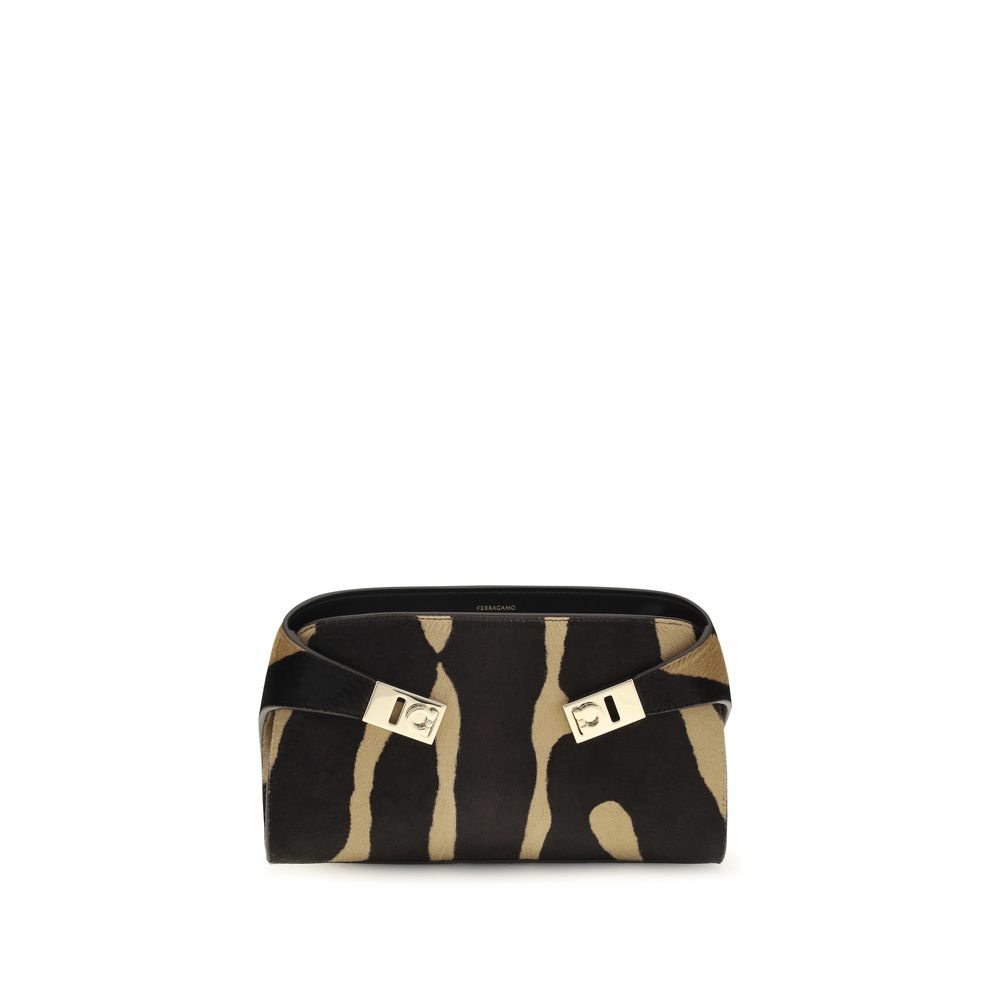 Ferragamo Brown Zebra-Print Calf Hair Shoulder Bag