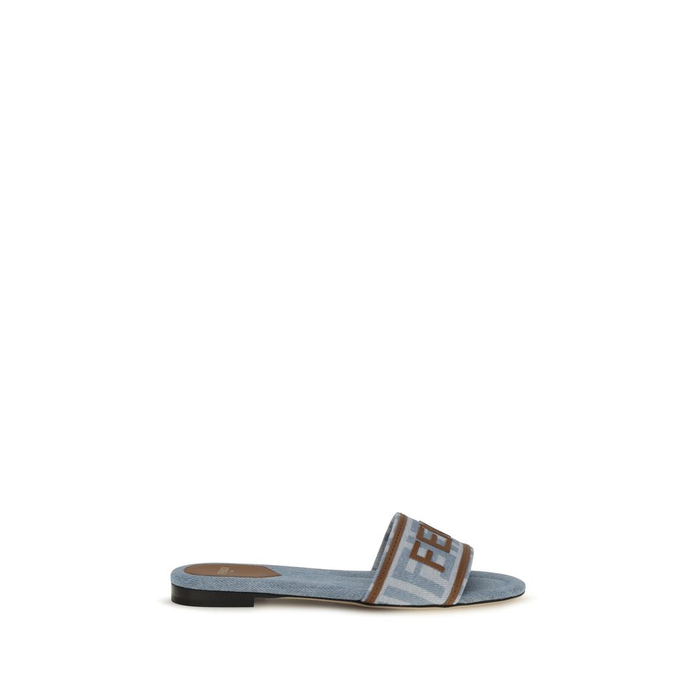 Fendi Blue Cotton FF Denim Flat Sandals