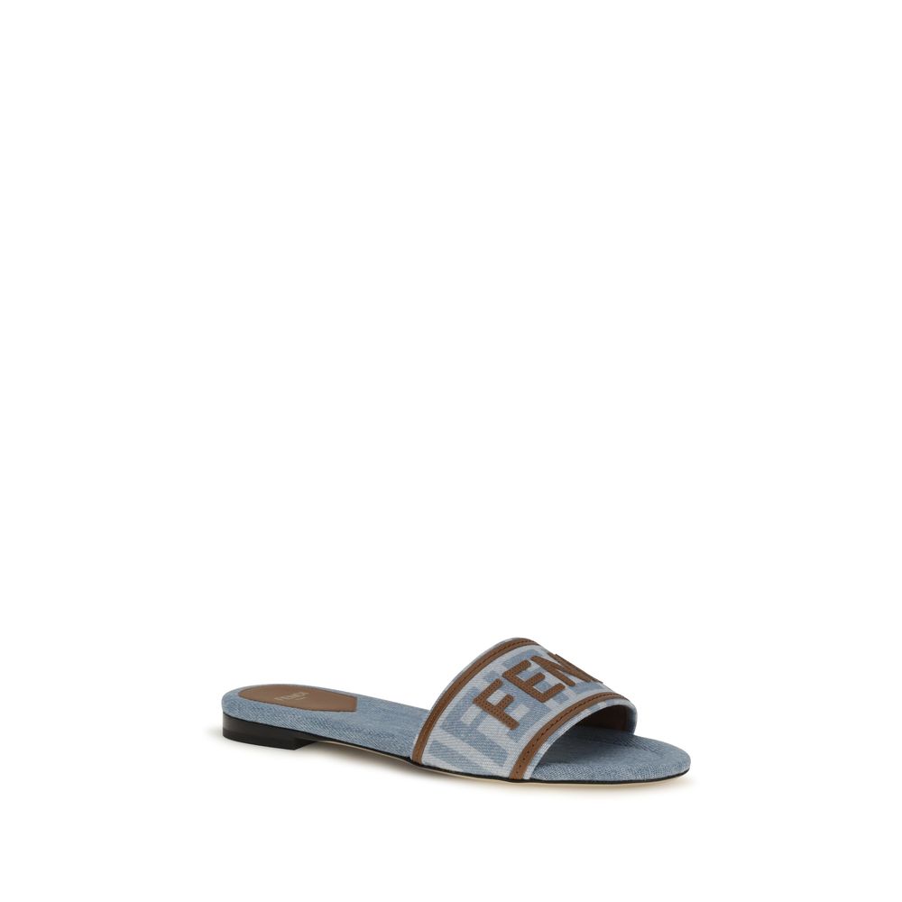Fendi Blue Cotton FF Denim Flat Sandals