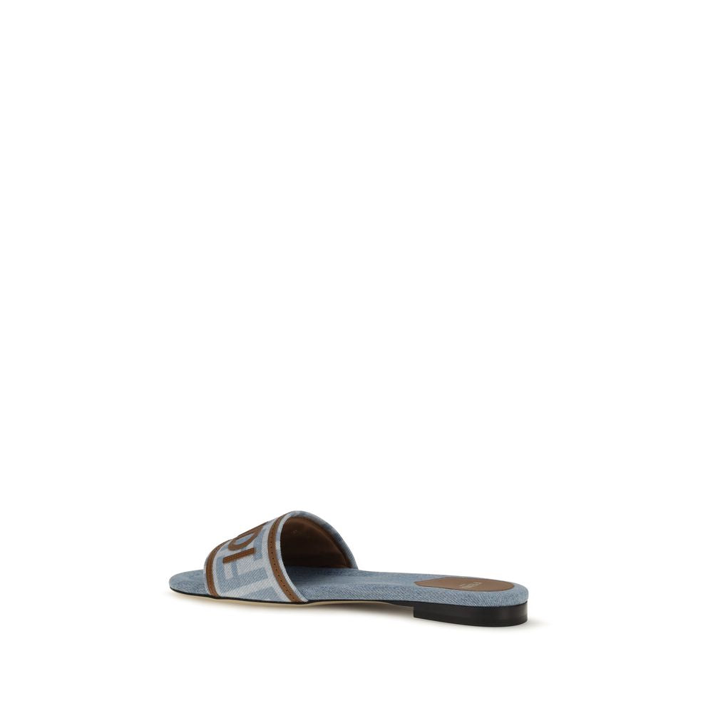 Fendi Blue Cotton FF Denim Flat Sandals