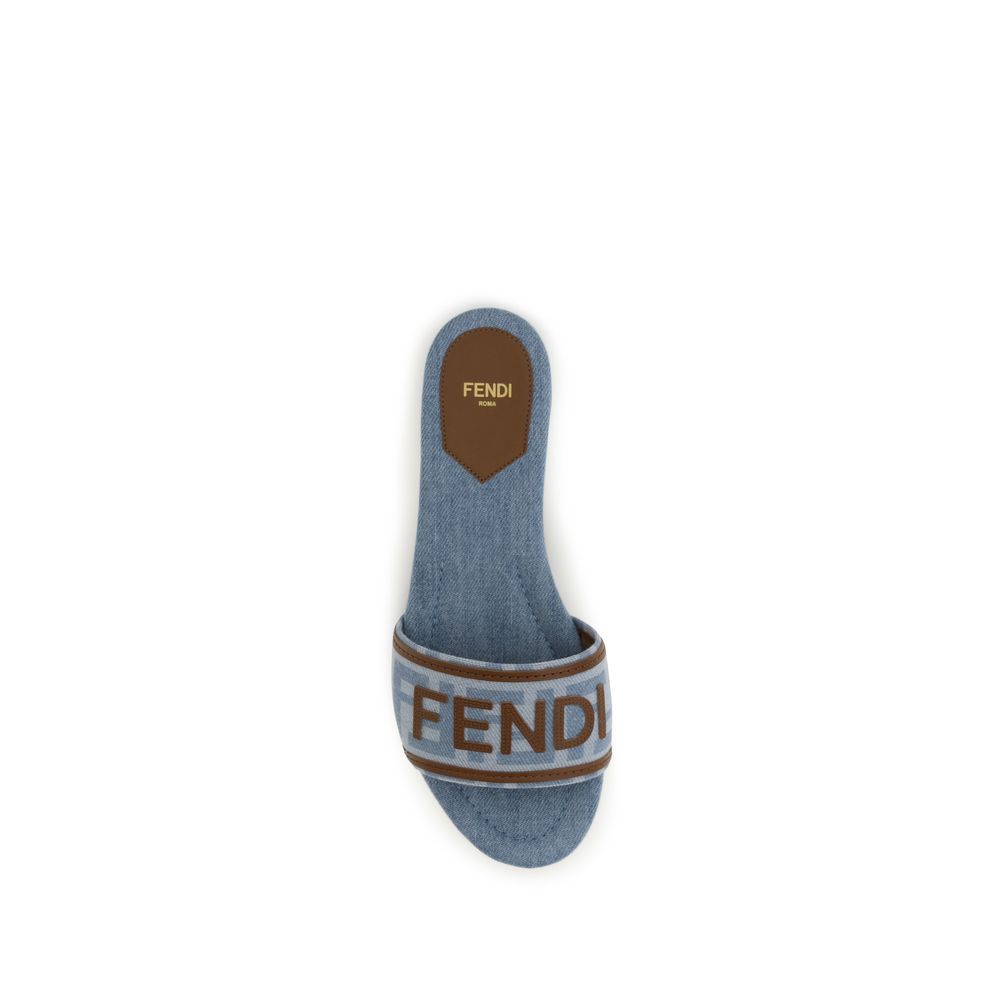 Fendi Blue Cotton FF Denim Flat Sandals