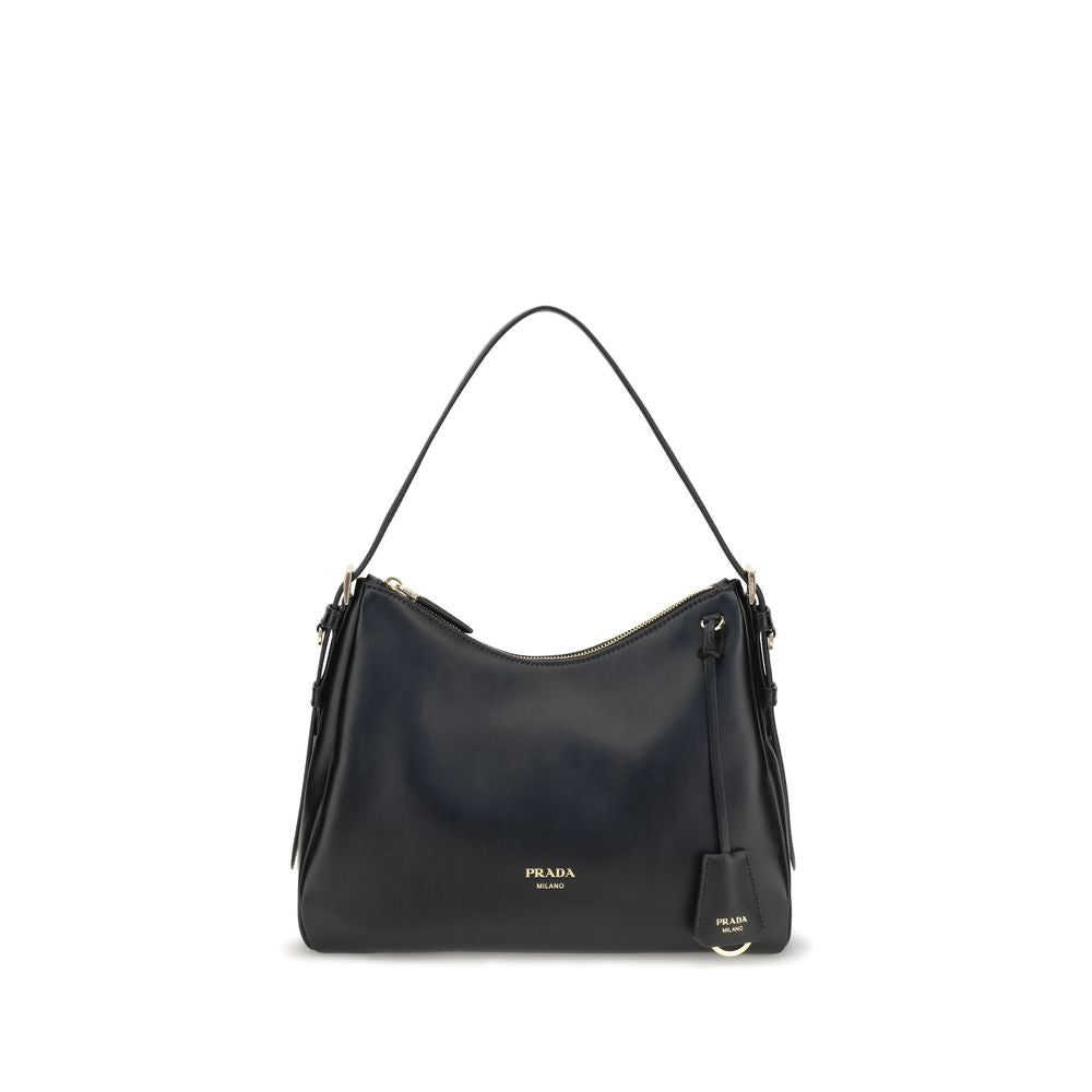 Prada axelremsväska i kalvskinn med vintageeffekt, svart