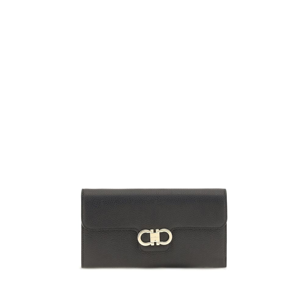 Ferragamo Black Calf Leather Wallet with Shoulder Strap