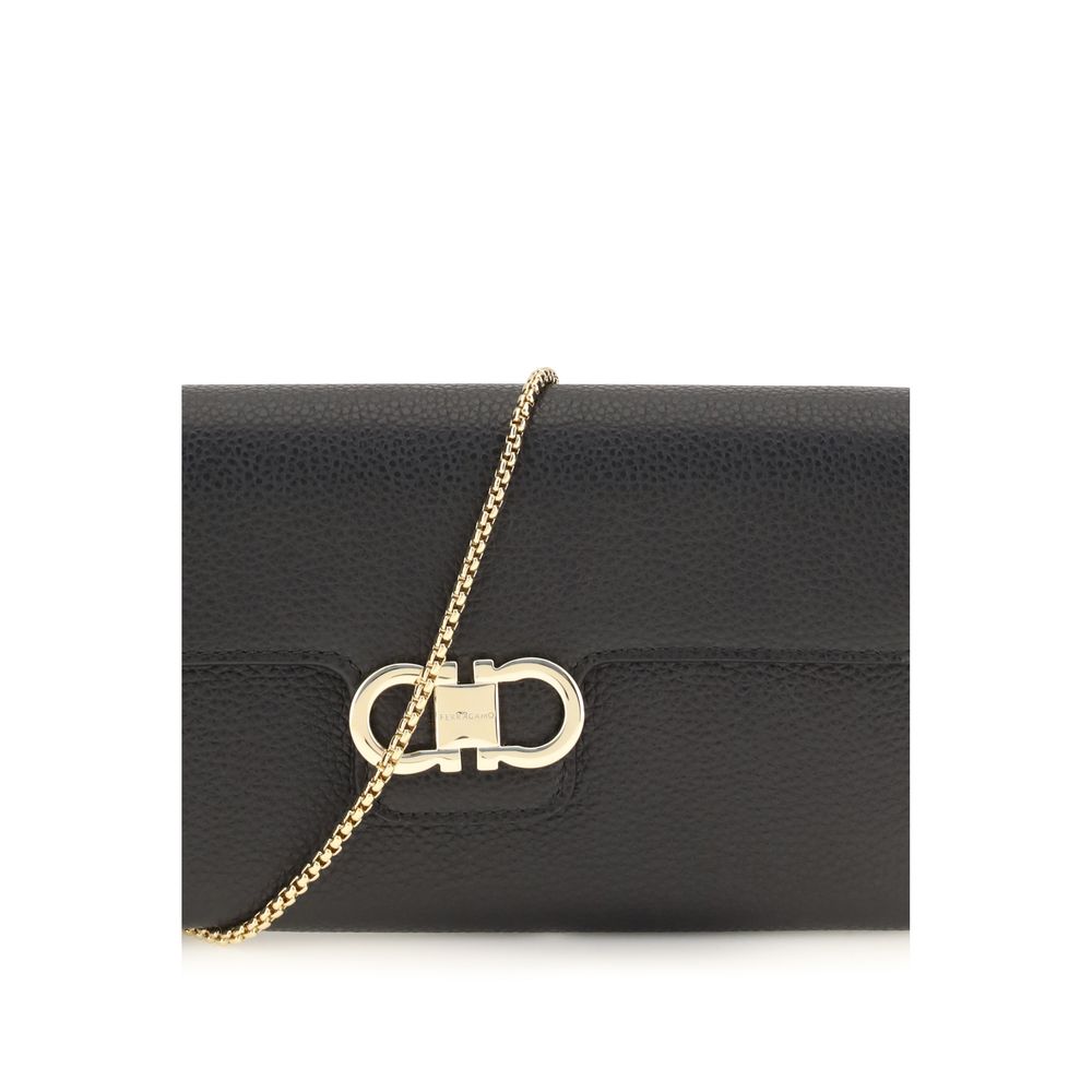 Ferragamo Black Calf Leather Wallet with Shoulder Strap