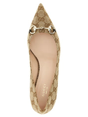 Gucci Beige GG Fabric Mid Heel Pumps