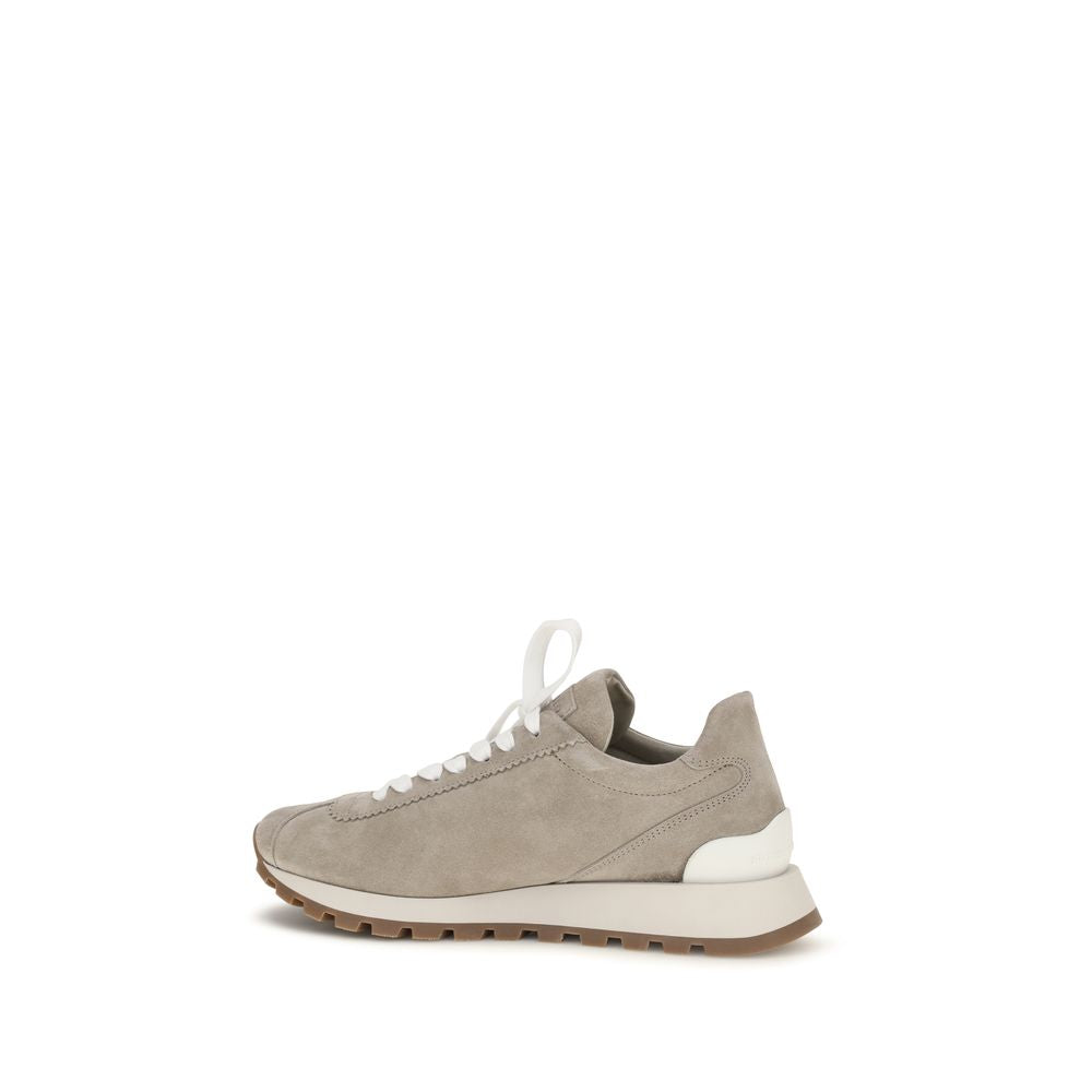 Brunello Cucinelli Gray Calf Leather Suede Platform Sneakers