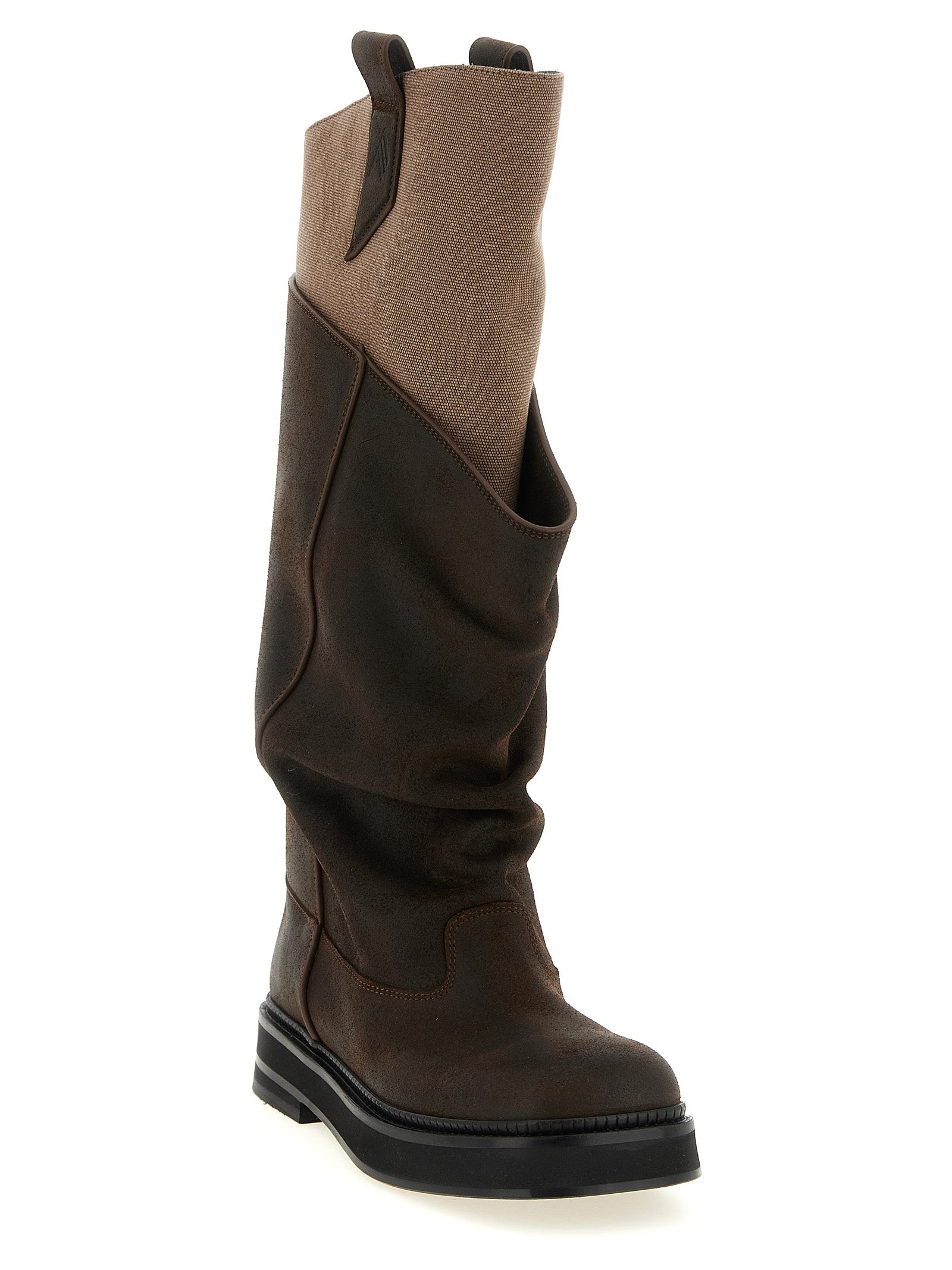 The Attico Brown Suede & Cotton Over The Knee Combat Boots
