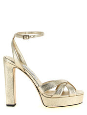 Jimmy Choo Gold Fabric Stiletto Heel Sandals