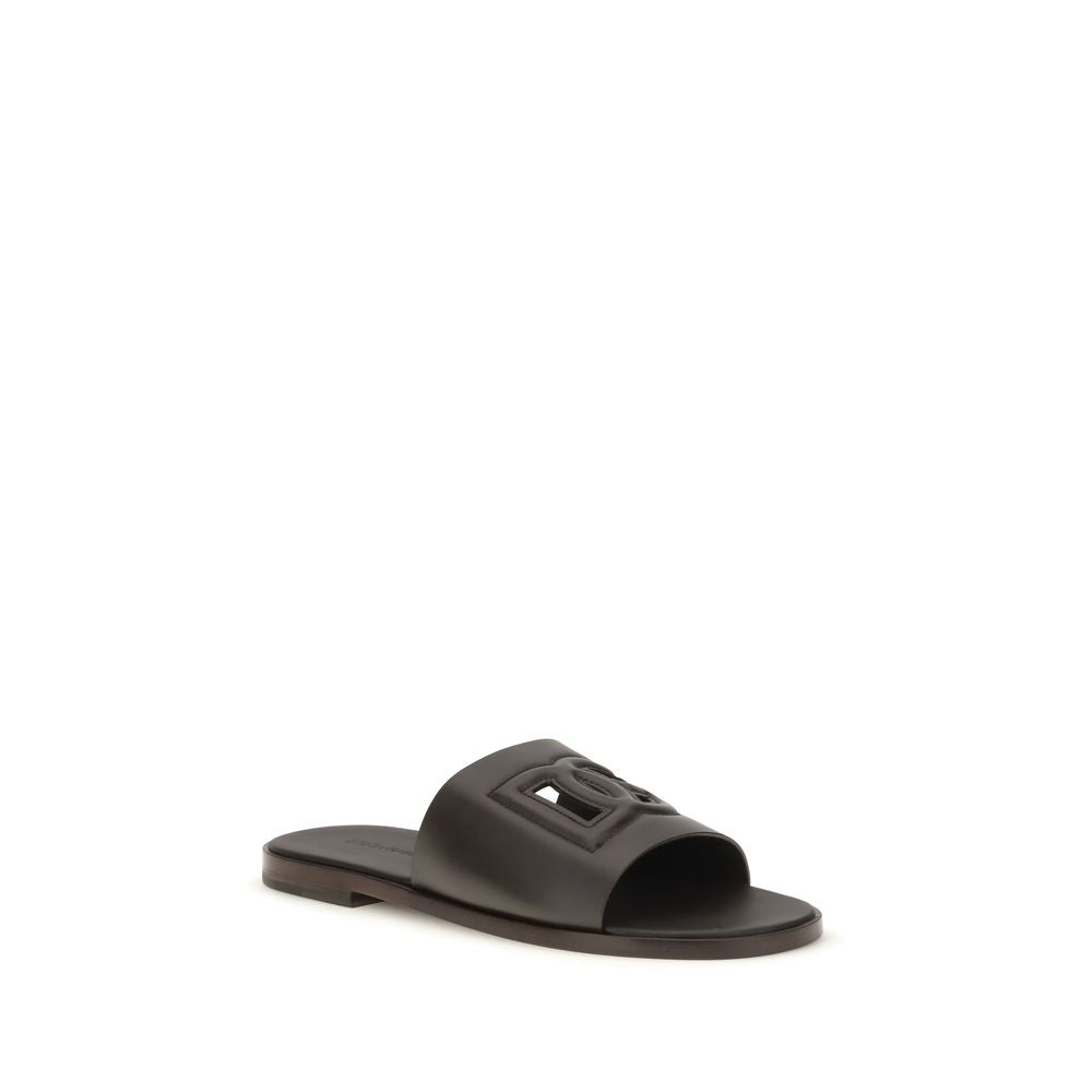 Dolce & Gabbana Brown Calf Leather Flat Sandals