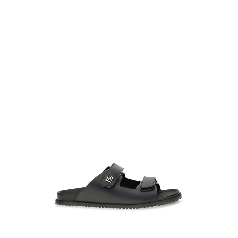 Dolce & Gabbana Black Calf Leather Flat Sandals
