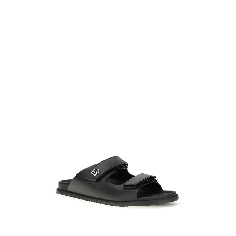 Dolce & Gabbana Black Calf Leather Flat Sandals