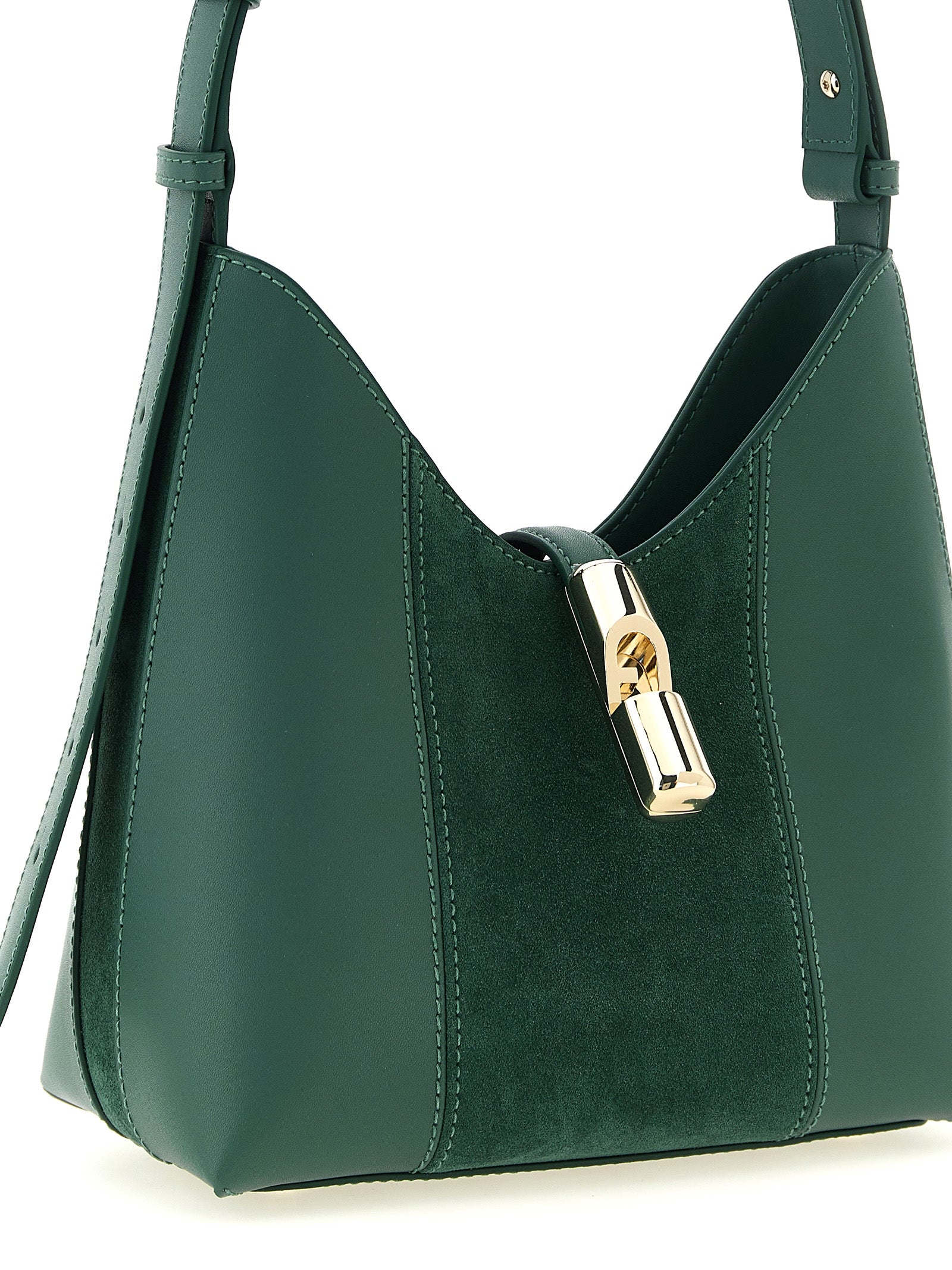 Furla Forest Green Calfskin and Suede Hobo Bag