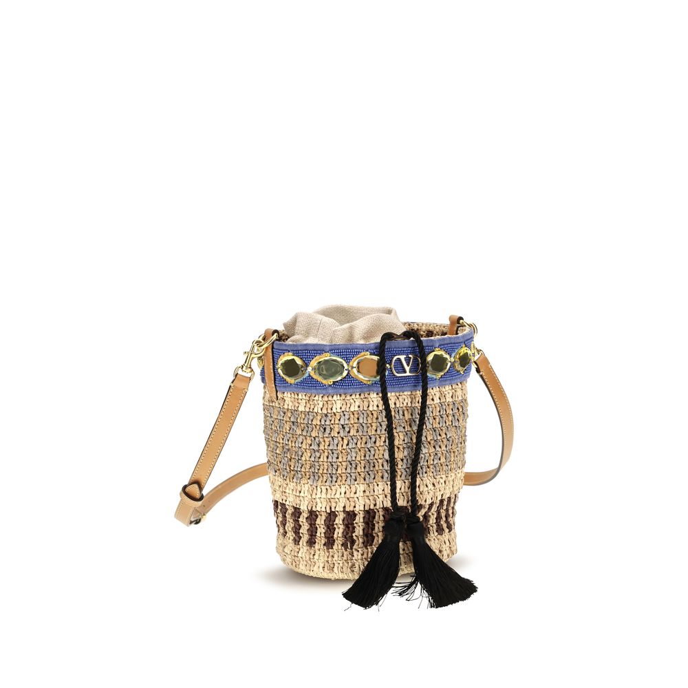 Valentino Garavani Beige Raffia Bucket Bag