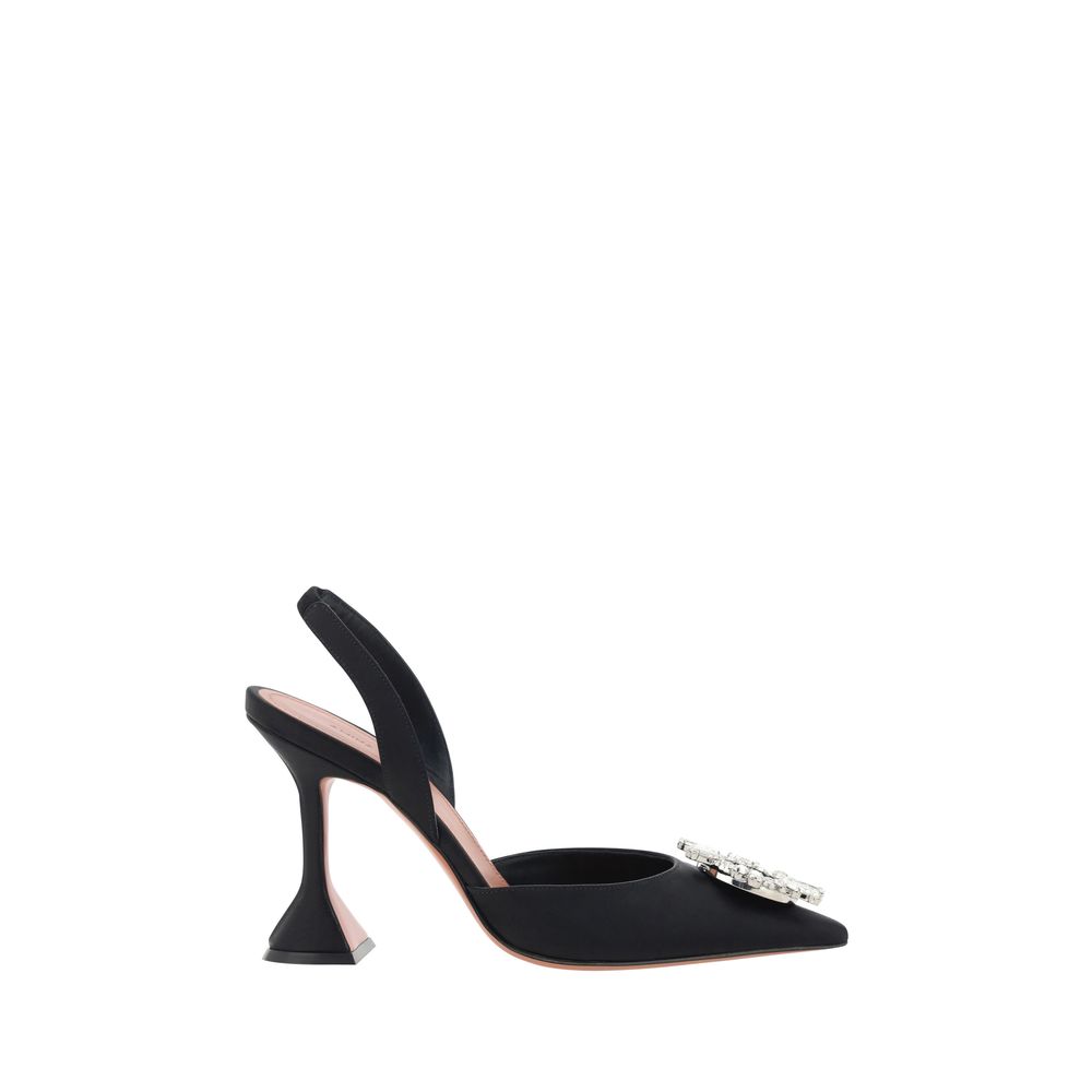 Amina Muaddi Black Satin Slingback Pumps