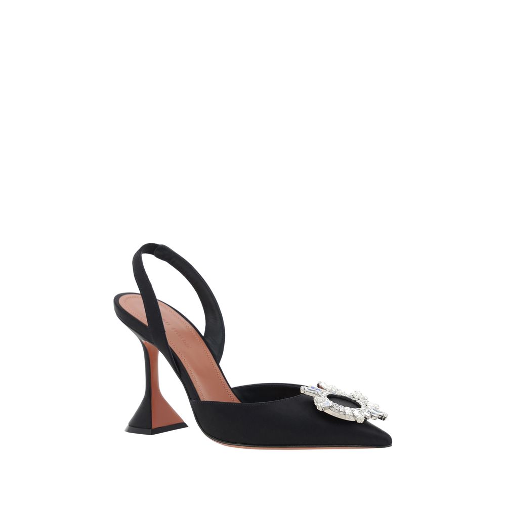 Amina Muaddi Black Satin Slingback Pumps