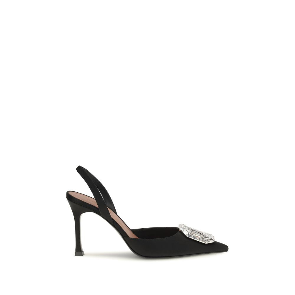 Amina Muaddi Black Satin Slingback Pumps
